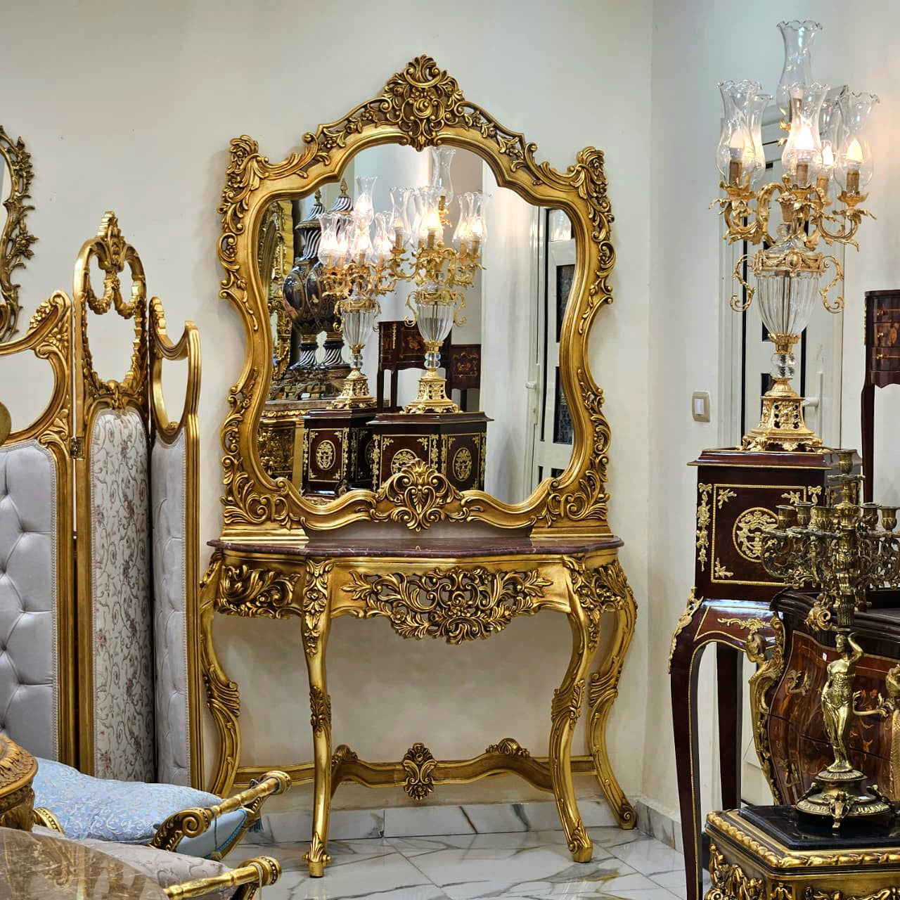 Majestic Hand-Carved Rococo Vanity Set with Unique Marble Top, Ornate Mirror & Gold Leaf Console Table