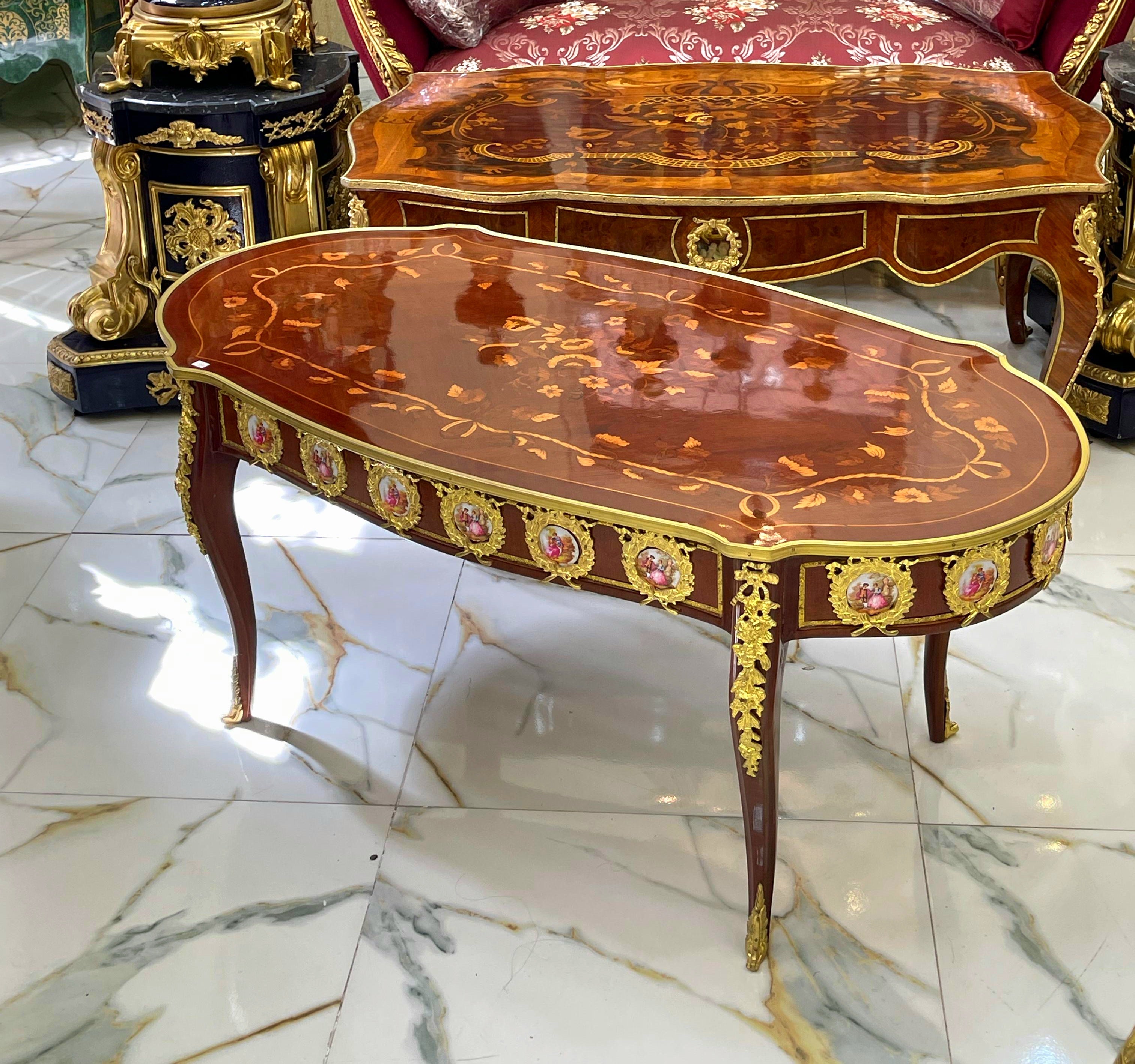 Luxury French Style Coffee Table – Wood Construction with Bronze Accents