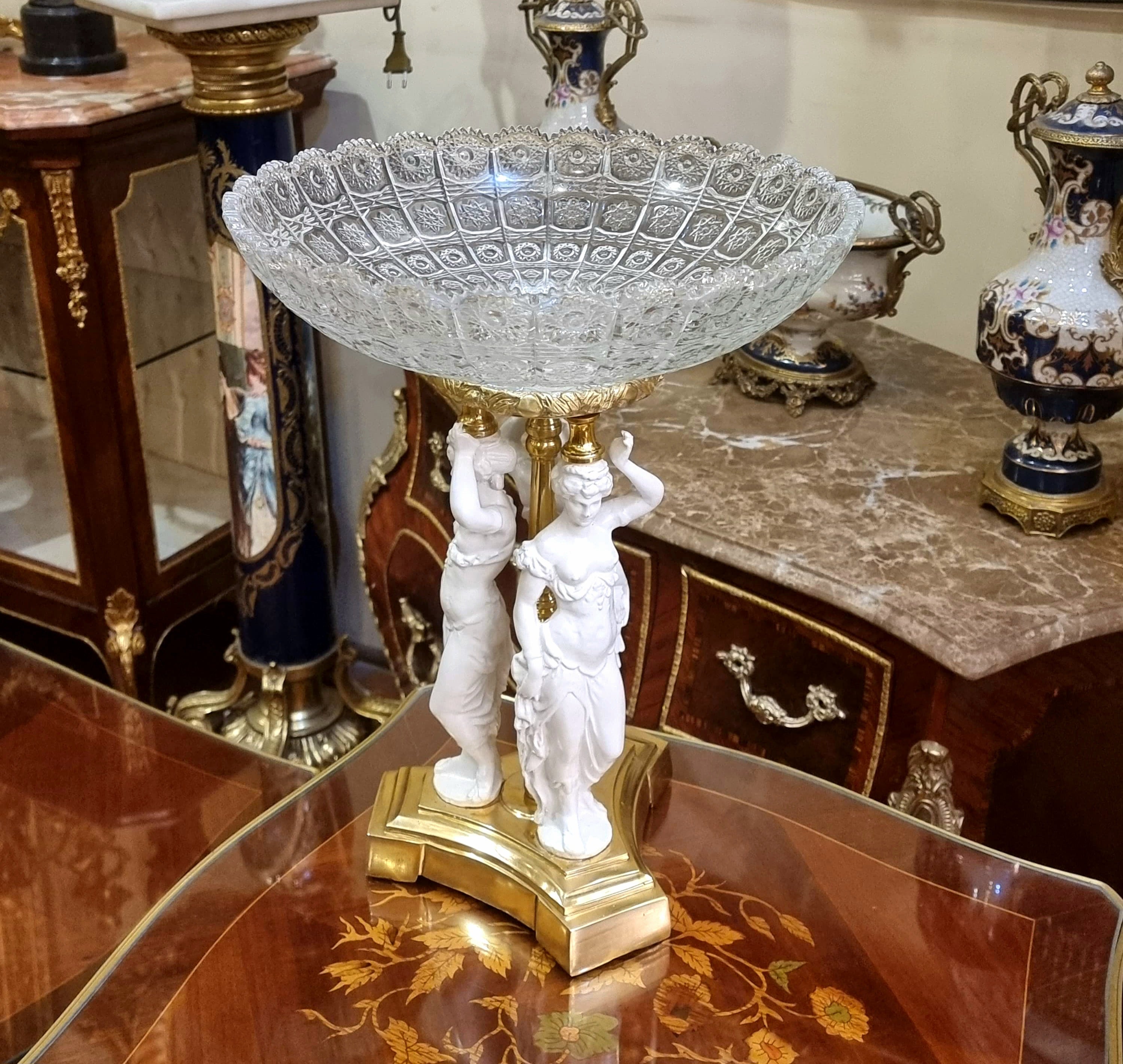 French Classical Crystal Centerpiece Bowl with Figural Ladies Base & Gilt Accents