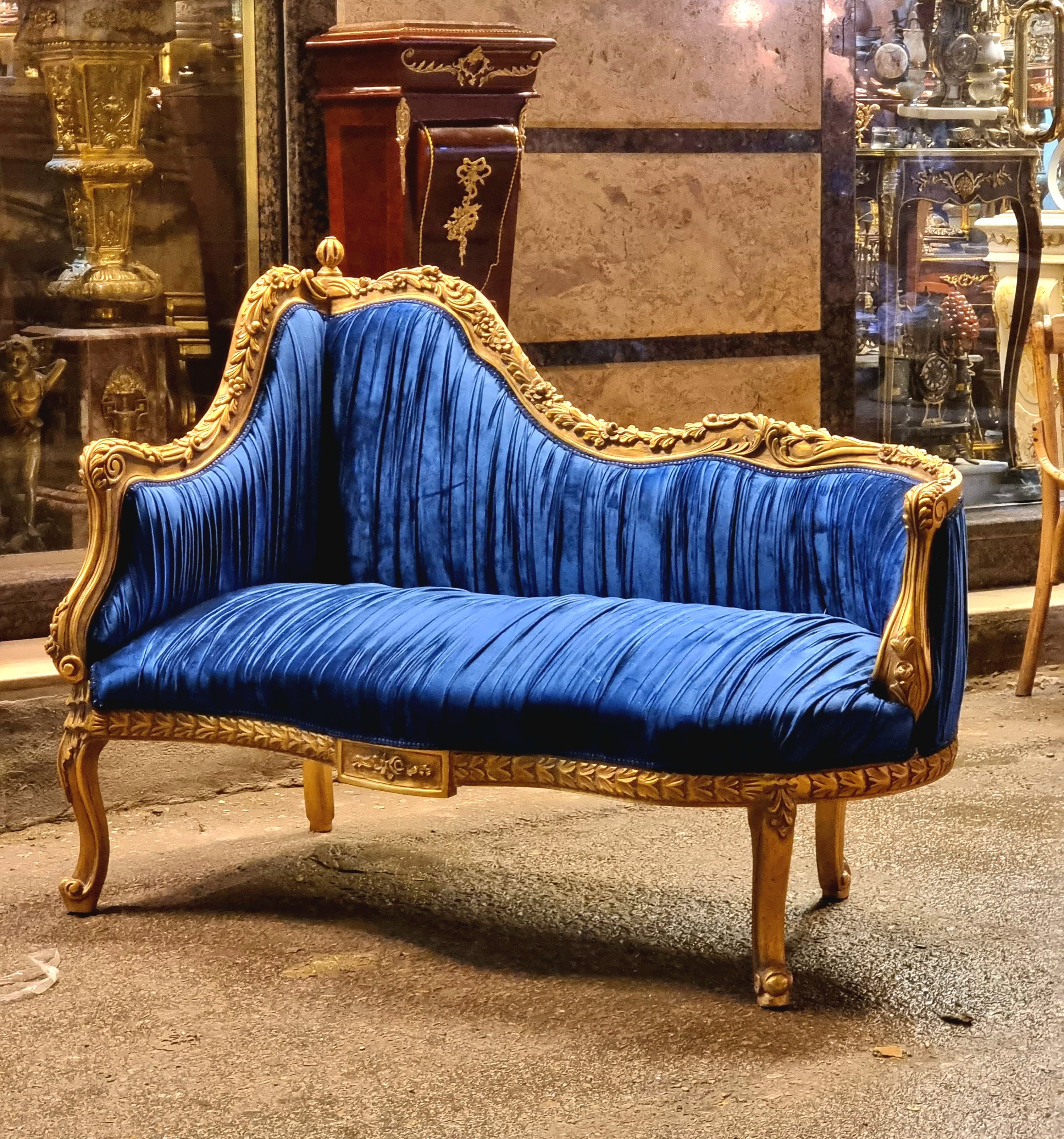 Baroque Style Blue Gold Leaf Settee Sofa – Luxury French Upholstered Seating with Sculpted Back