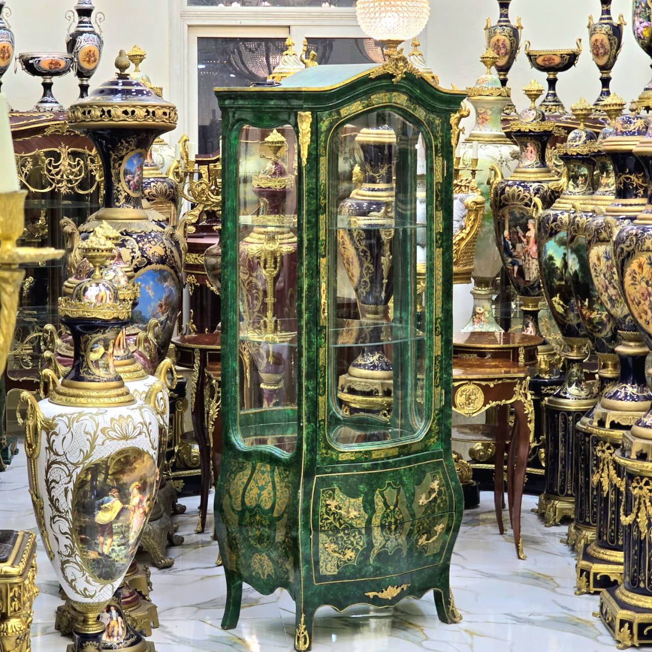 French Style Green Display Cabinet with Gold Leaf Details – Ornate Curio Vitrine Cabinet