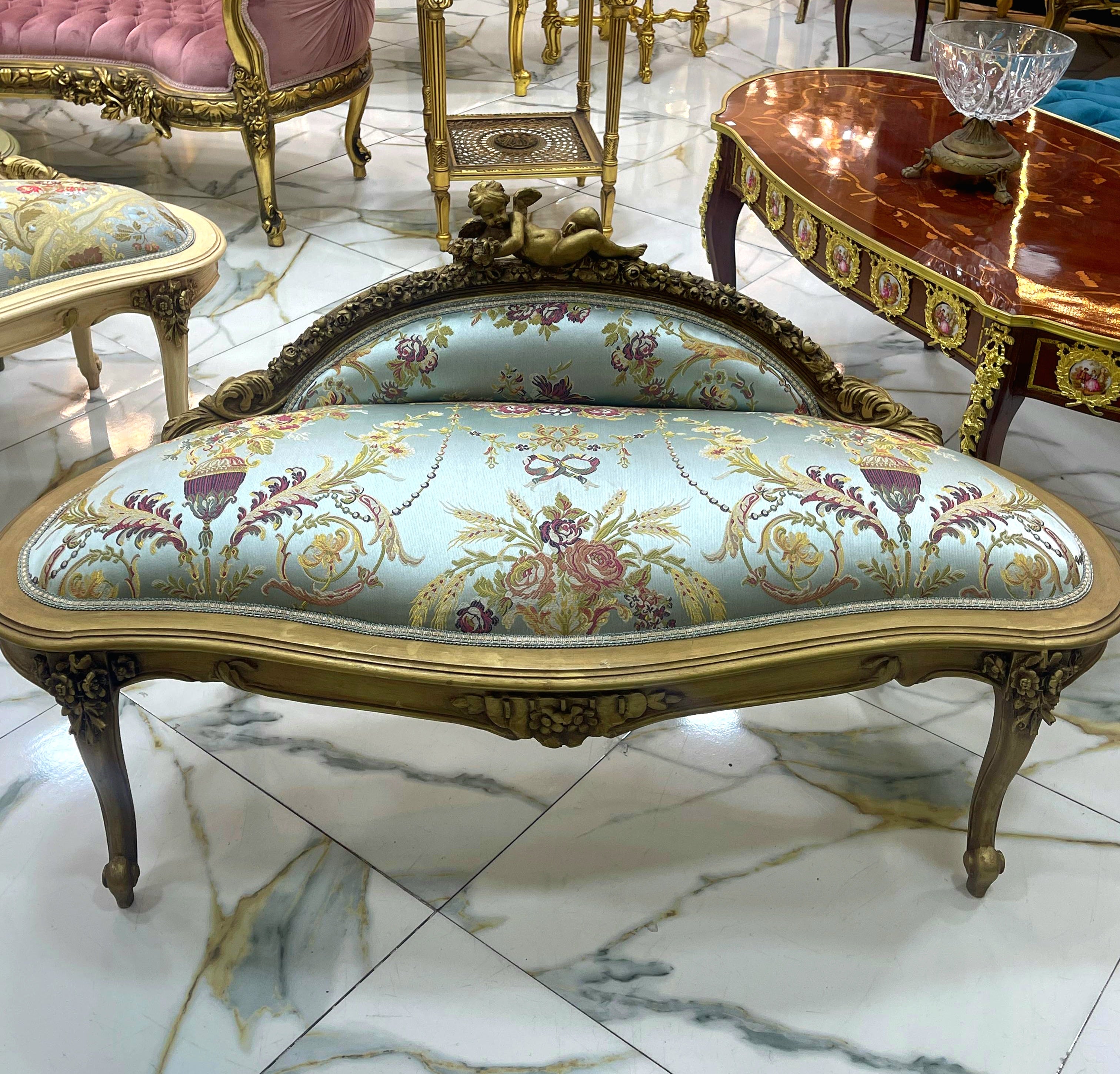 French Rococo Gold Leaf Green-Blue Settee with Cherub Crest & Damask Upholstery