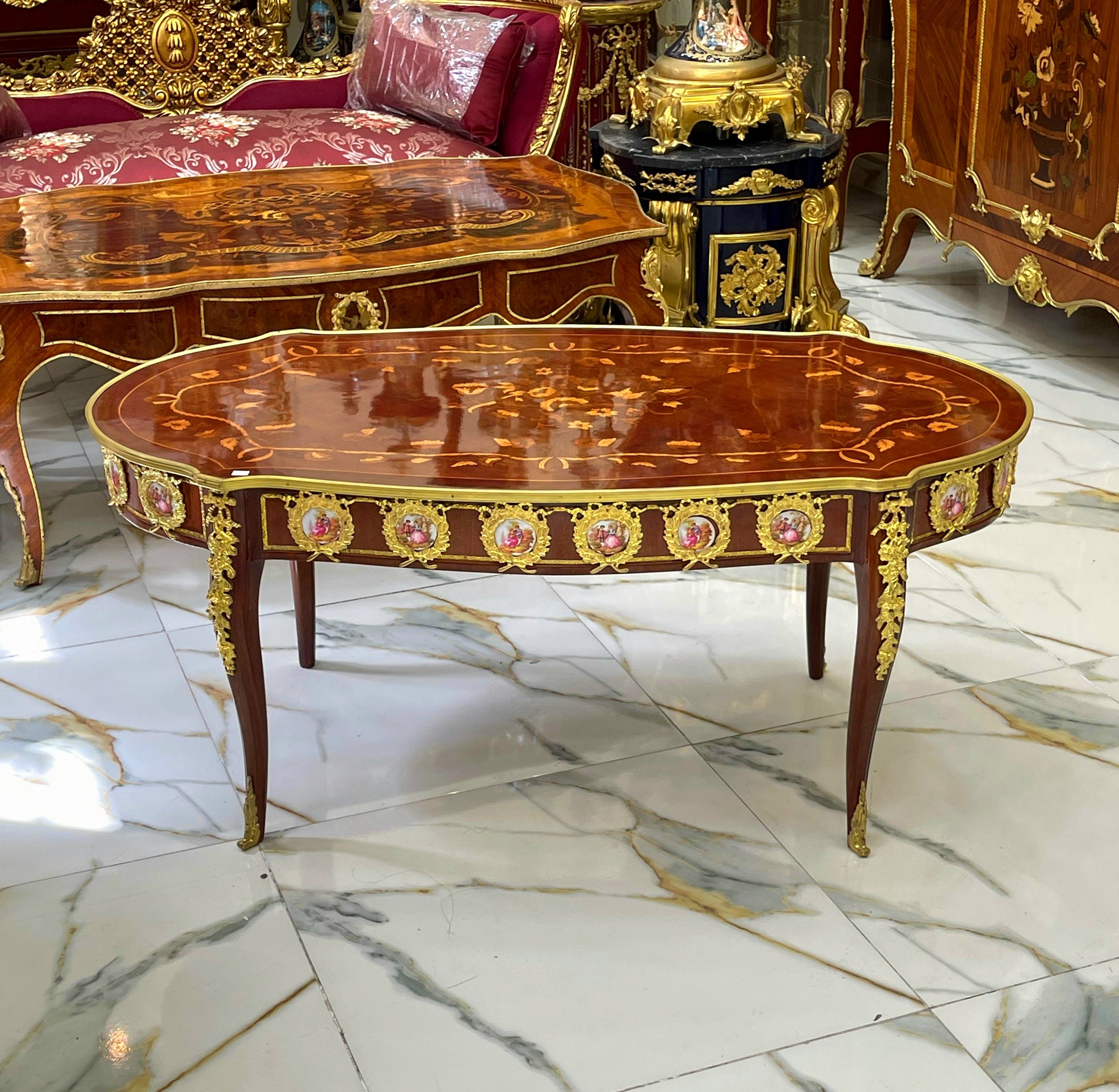 Luxury French Style Coffee Table – Wood Construction with Bronze Accents