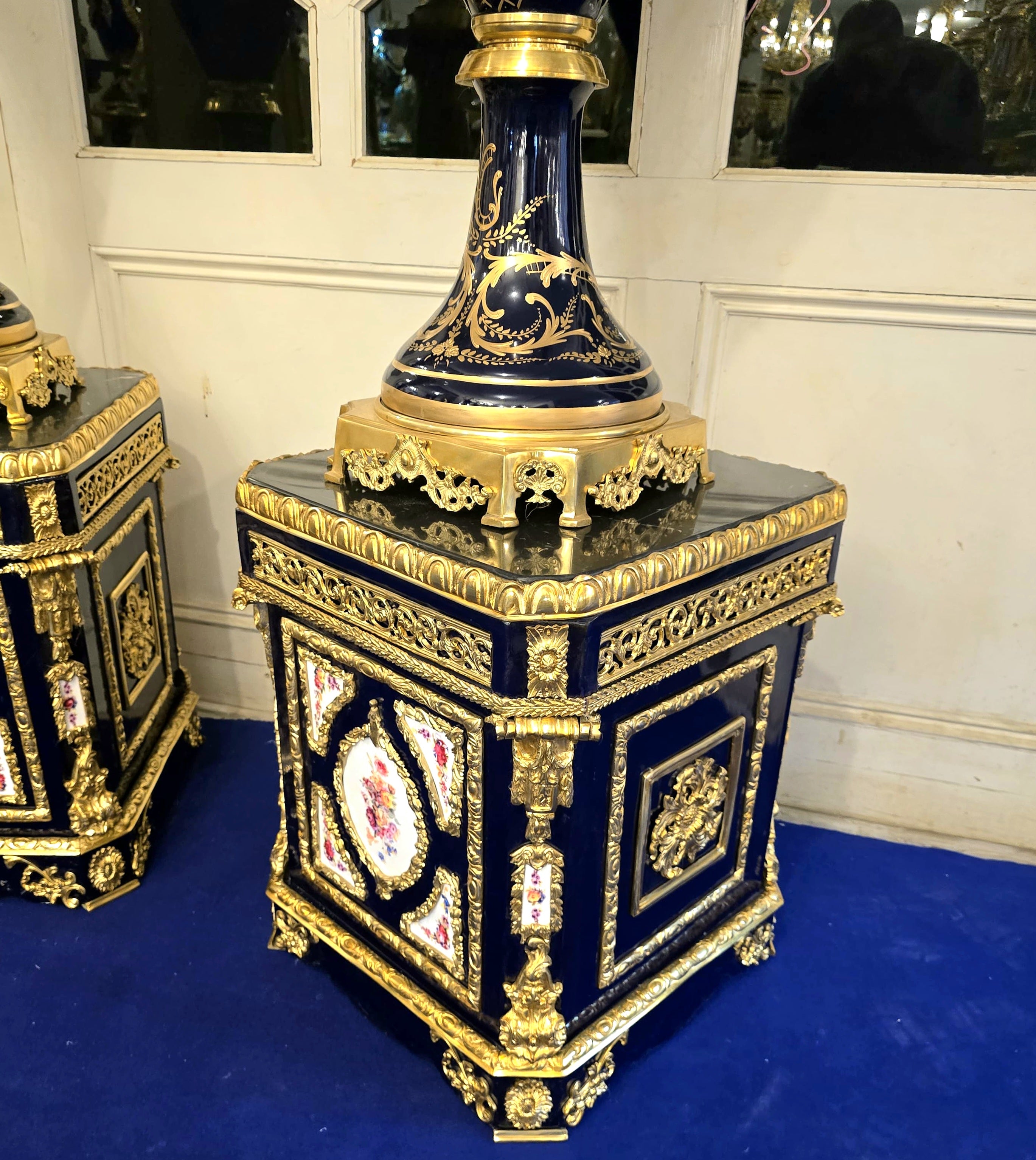 Monumental Sevres-Style Midnight Blue Porcelain Vase on Pedestal with Gold Leaf Details & French Court Scenes