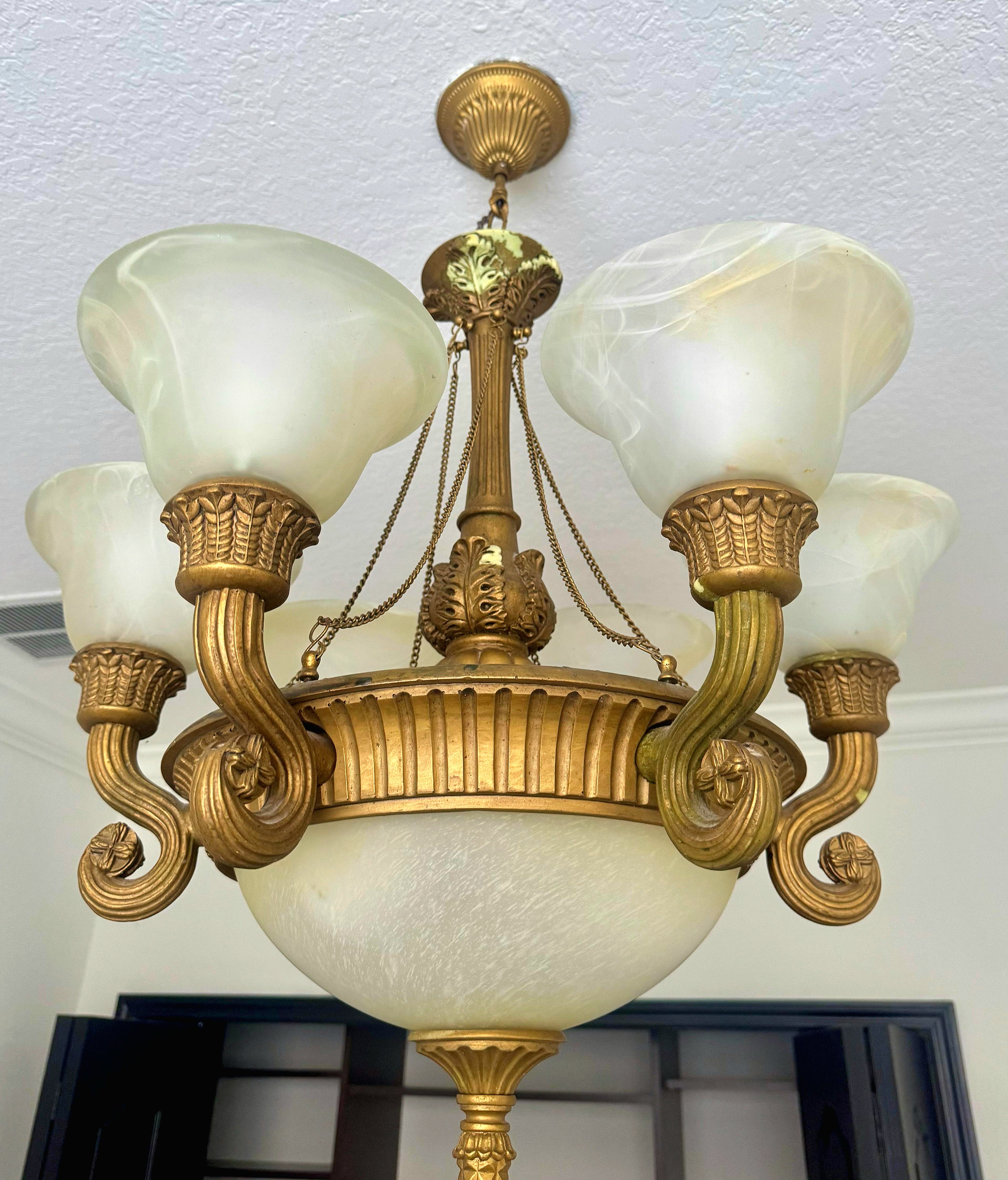 French Empire Vintage 26"H Set of 2 (ceiling to bottom 32”) Neoclassical Alabaster & Heavy Gilded Brass Chandelier 9 Bulbs