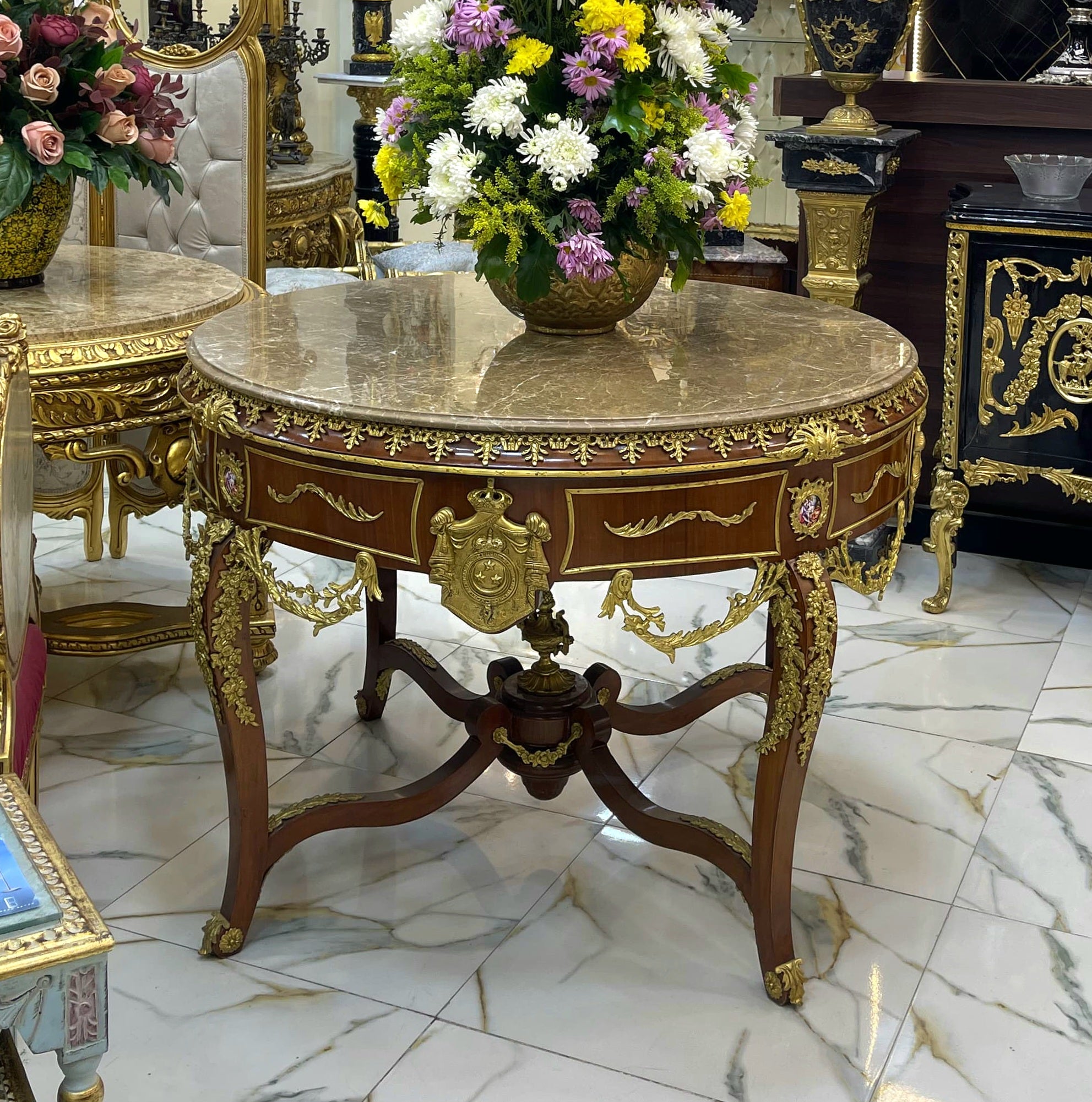Elegant French Center Table – Marble Look Design with Gold Leaf Details