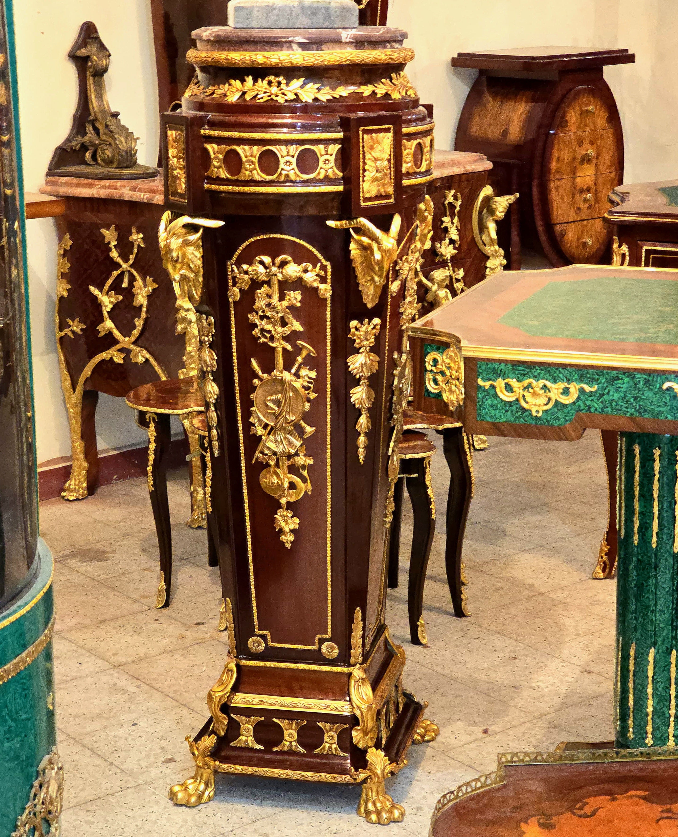 Luxury Ornate Wood Pedestal with Bronze Accents, Gold Leaf Details & Marble Top