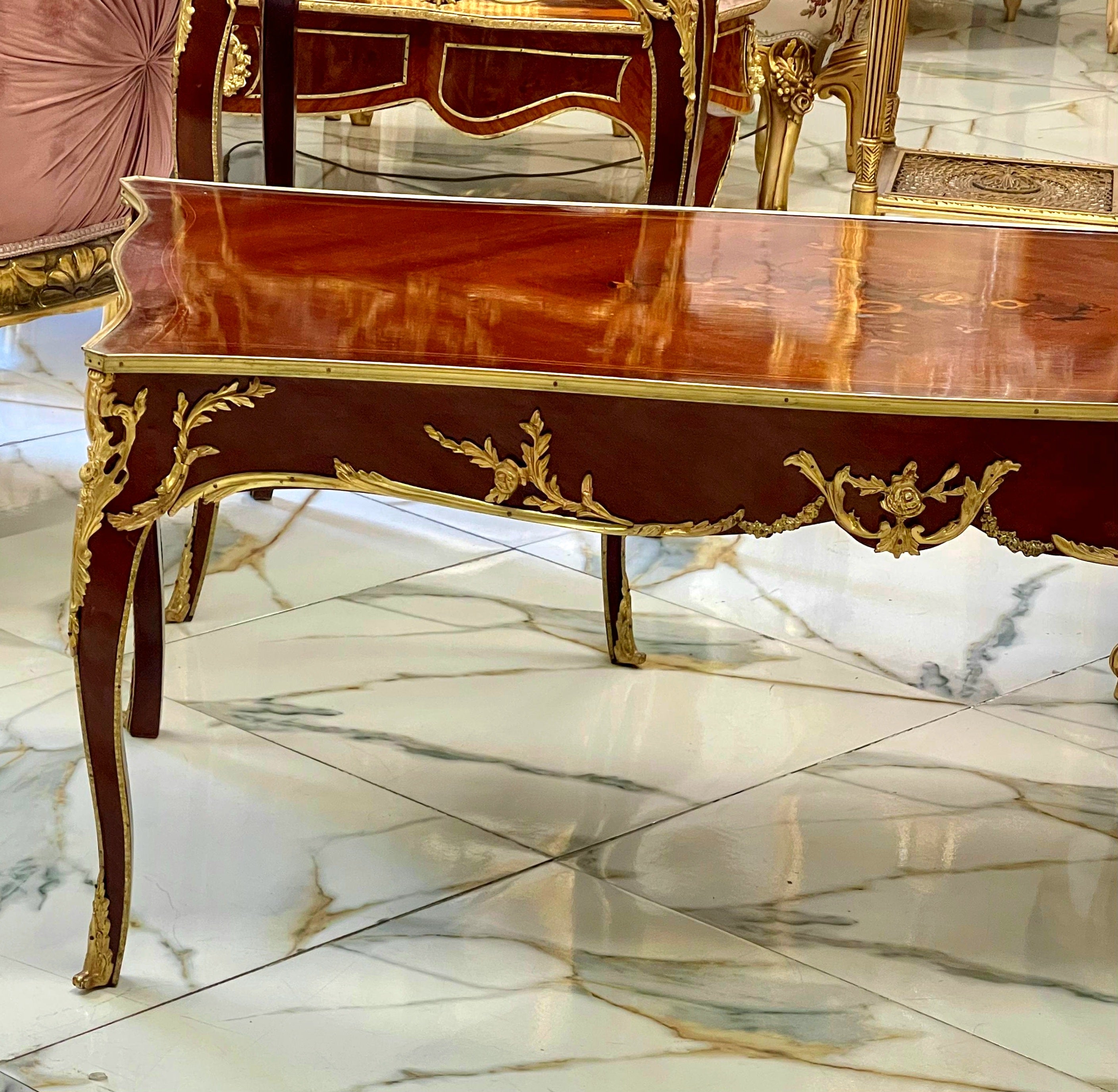 French Style Wooden Coffee Table – Copper Finish with Bronze Accents