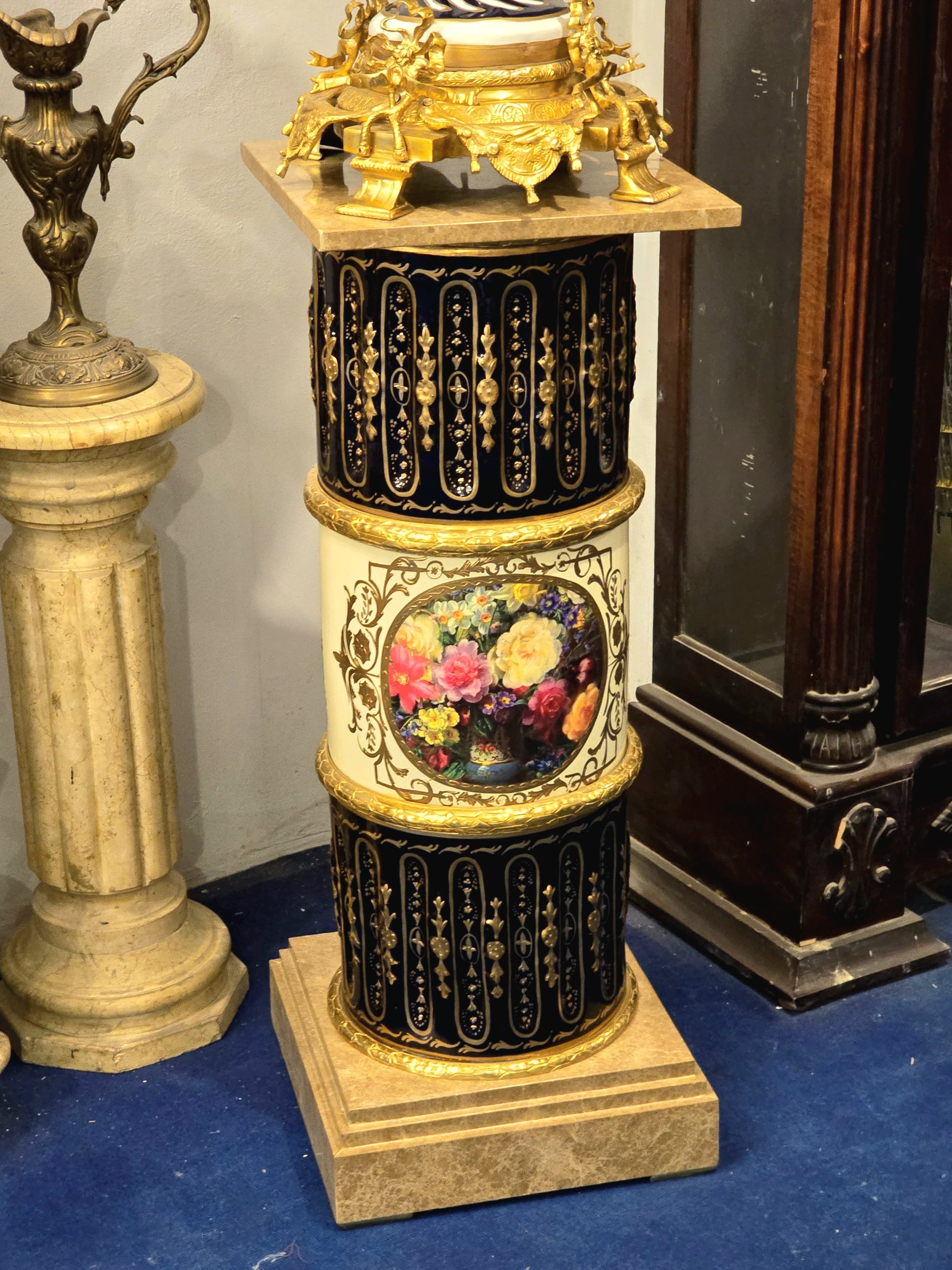 Grand Baroque-Style Black Porcelain Vase with Marble Pedestal & Gold Leaf Details