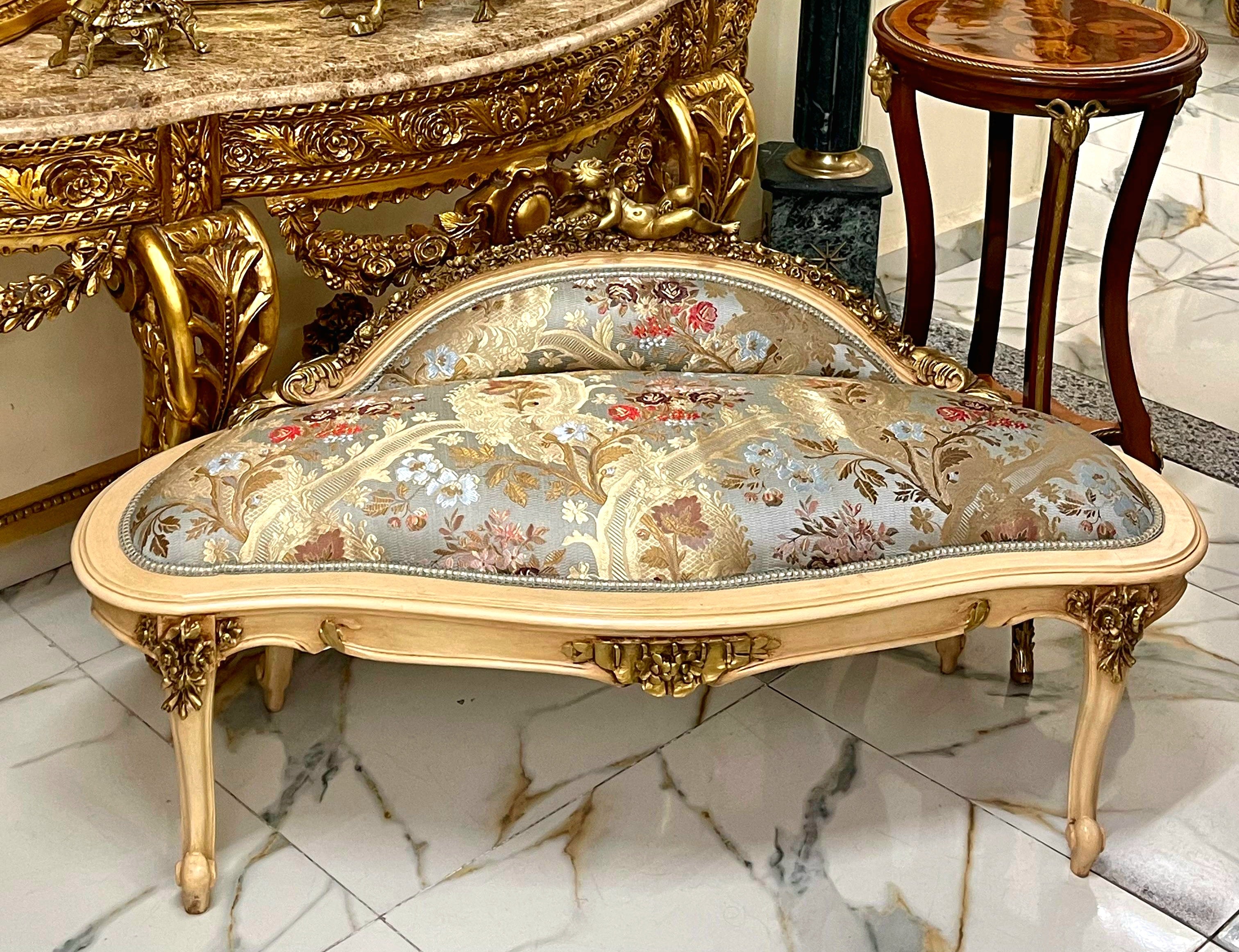 Vintage French Rococo Sky Blue Settee – Gold Leaf Frame, Ornate Cherub Top, Damask Upholstery