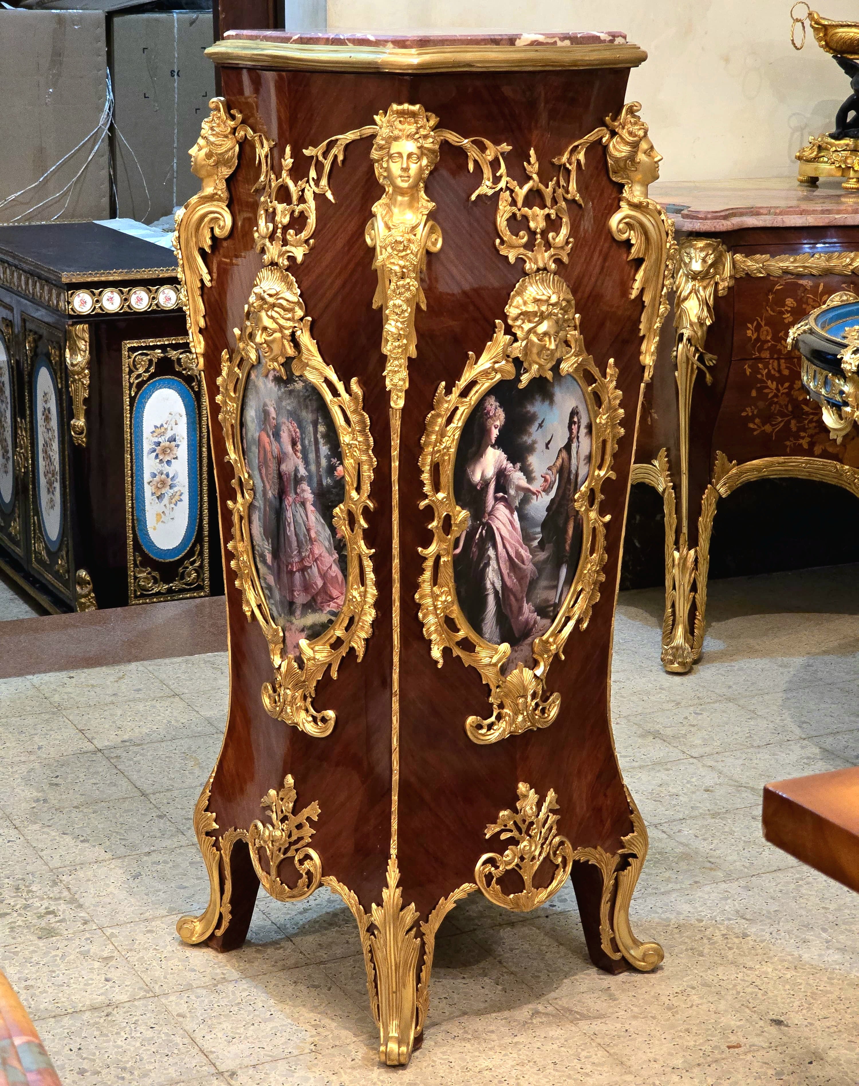 French Rococo Pedestal with Romantic Artwork, Bronze Mounts & Gold Leaf Details