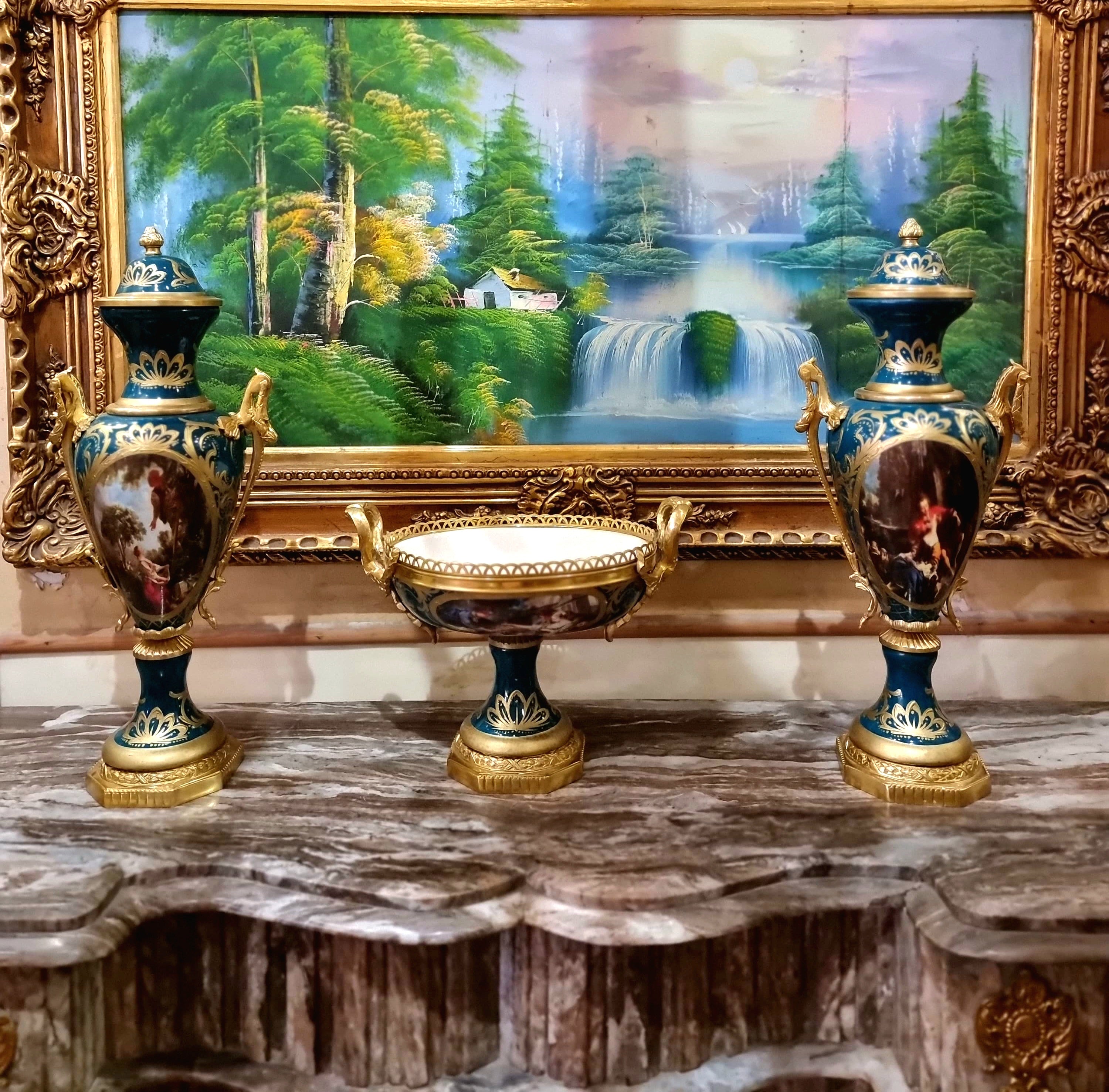 French Louis XV Style 3-Piece Porcelain Garniture Set with Bronze & Gold Leaf Details