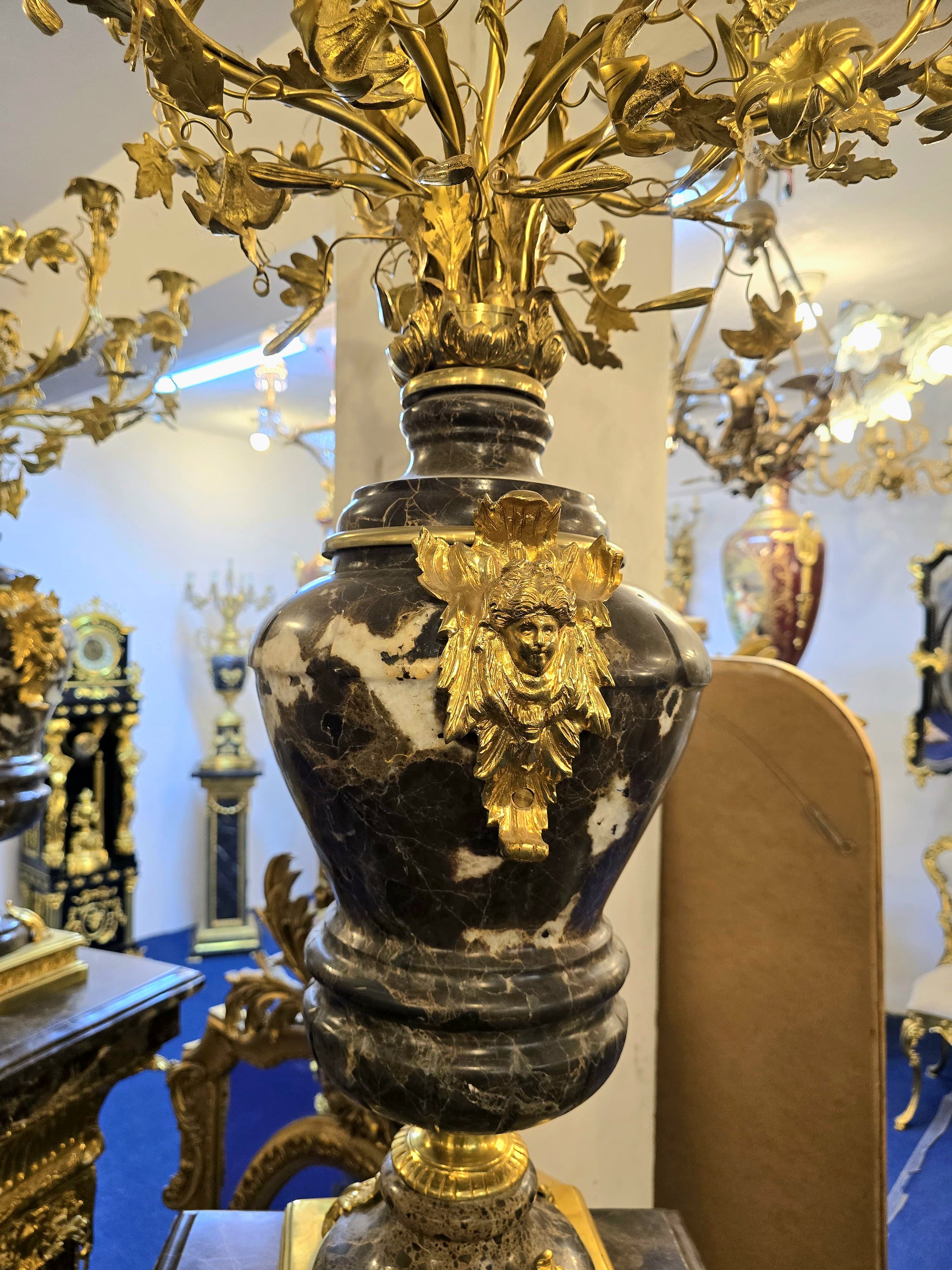 Magnificent Louis XVI-Style Black Porcelain Decorative Centerpiece with Gold Leaf Floral Details & Gilded Bronze Accents