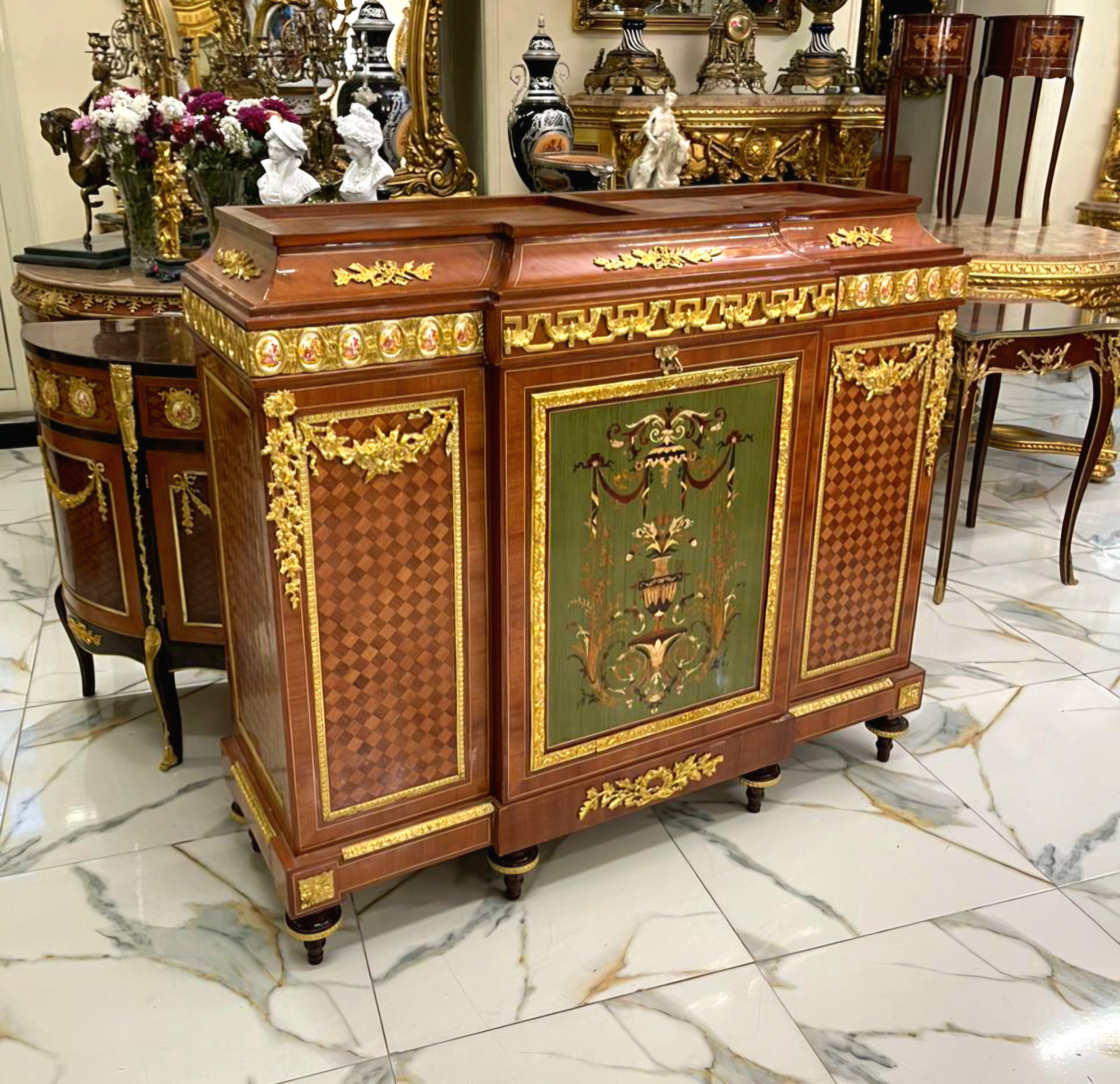 Antique French Louis XVI Brown Commode – Marble Top, Marquetry & Gold Leaf Cabinet