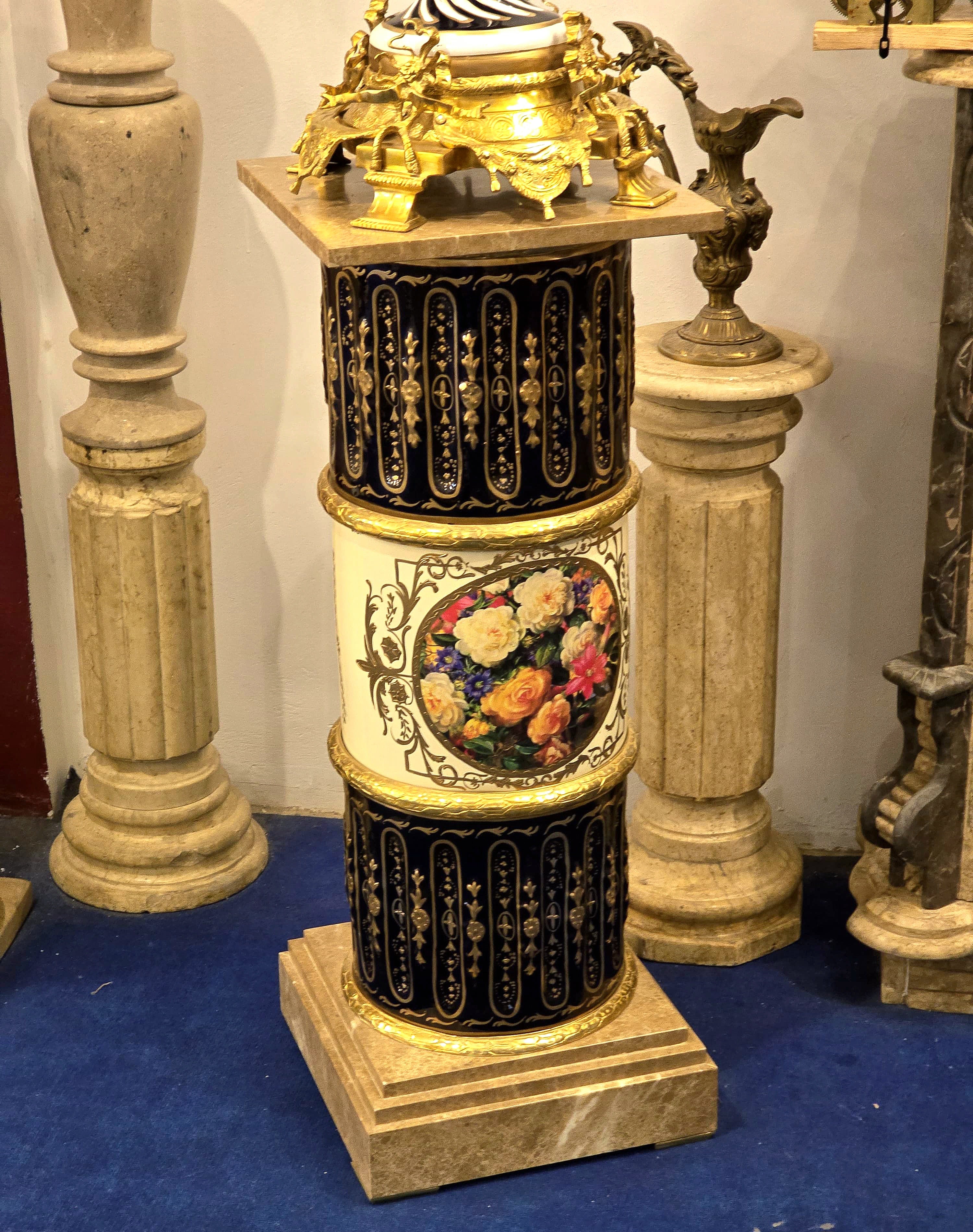 Grand Baroque-Style Black Porcelain Vase with Marble Pedestal & Gold Leaf Details