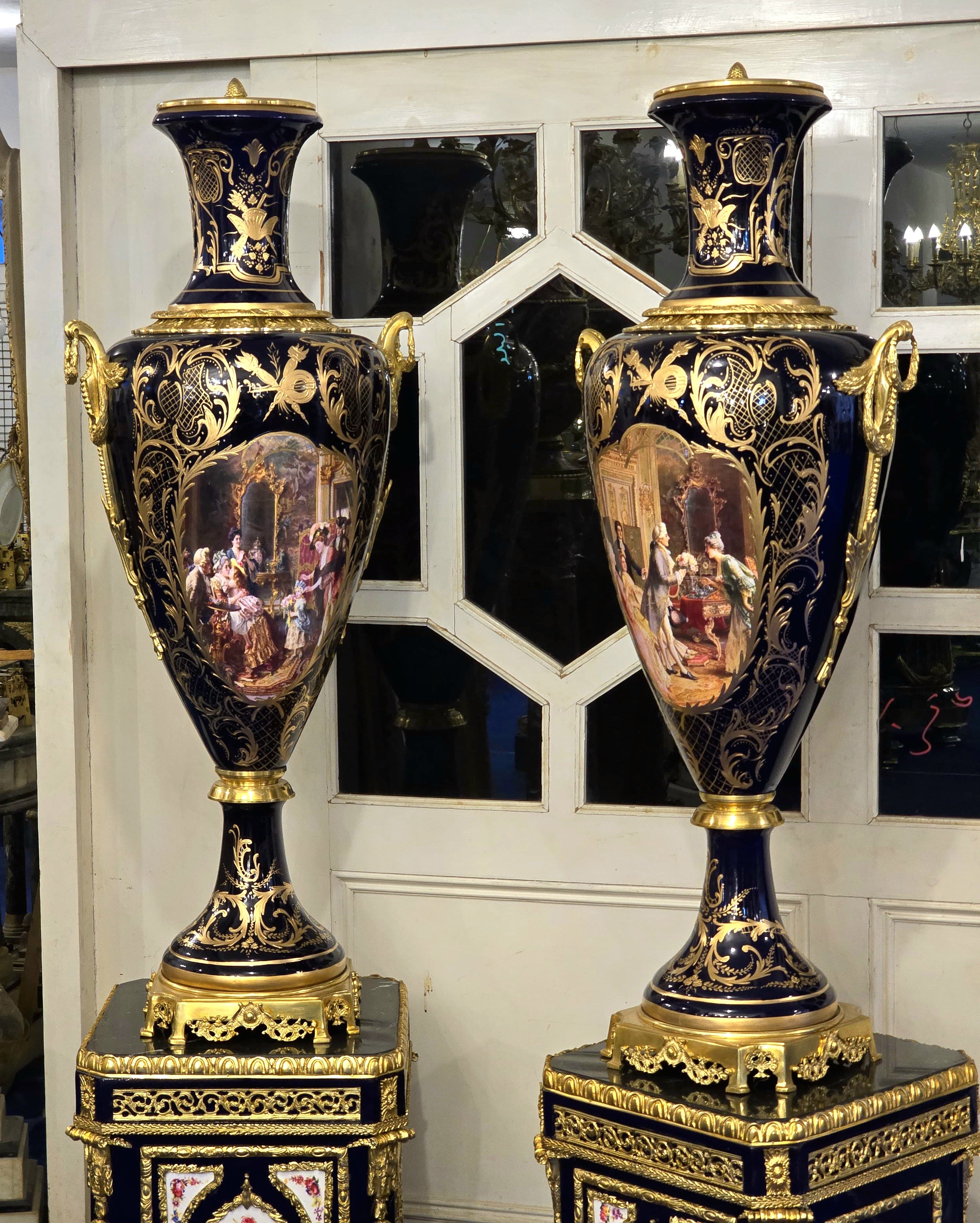 Monumental Sevres-Style Midnight Blue Porcelain Vase on Pedestal with Gold Leaf Details & French Court Scenes