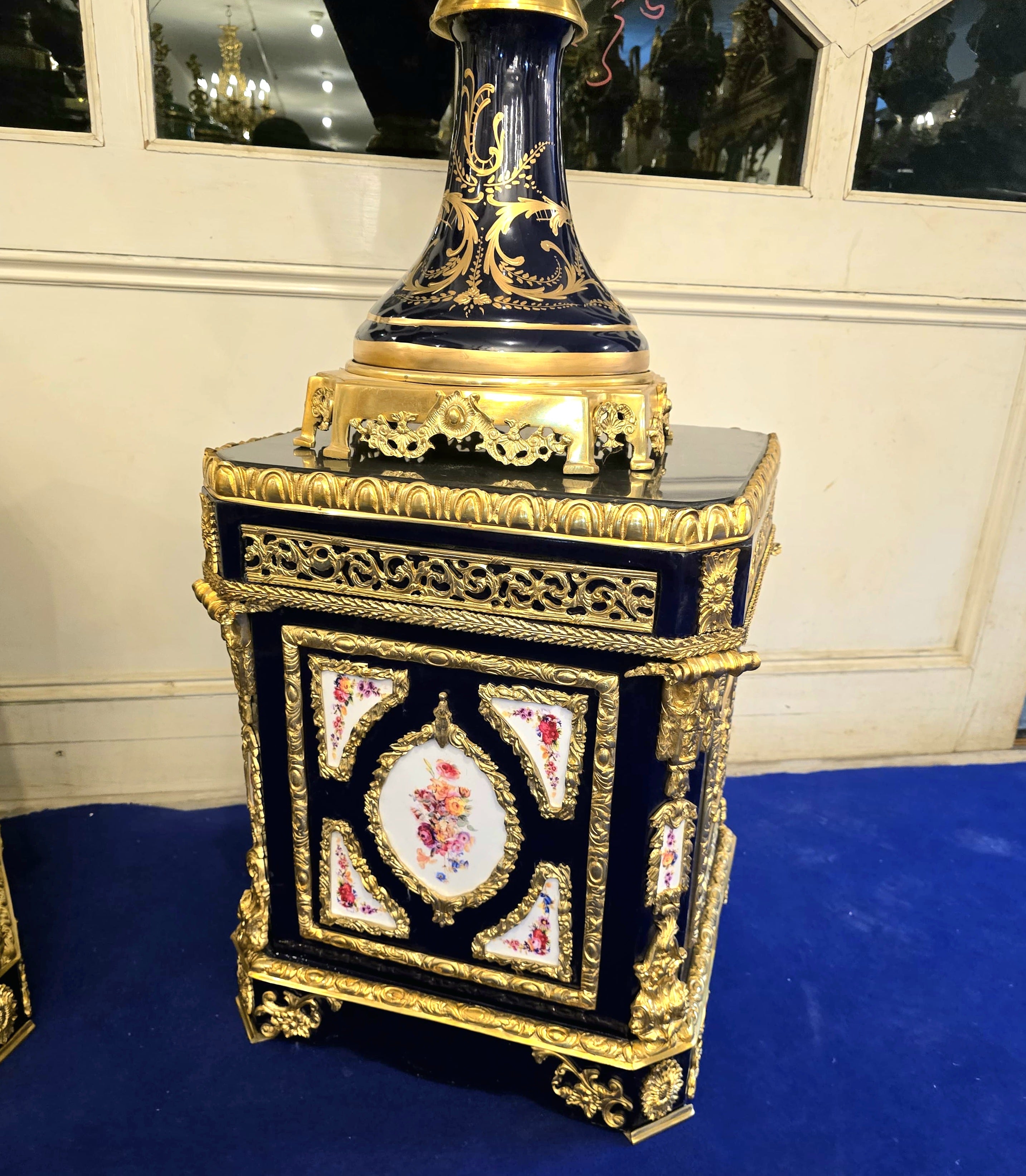 Monumental Sevres-Style Midnight Blue Porcelain Vase on Pedestal with Gold Leaf Details & French Court Scenes