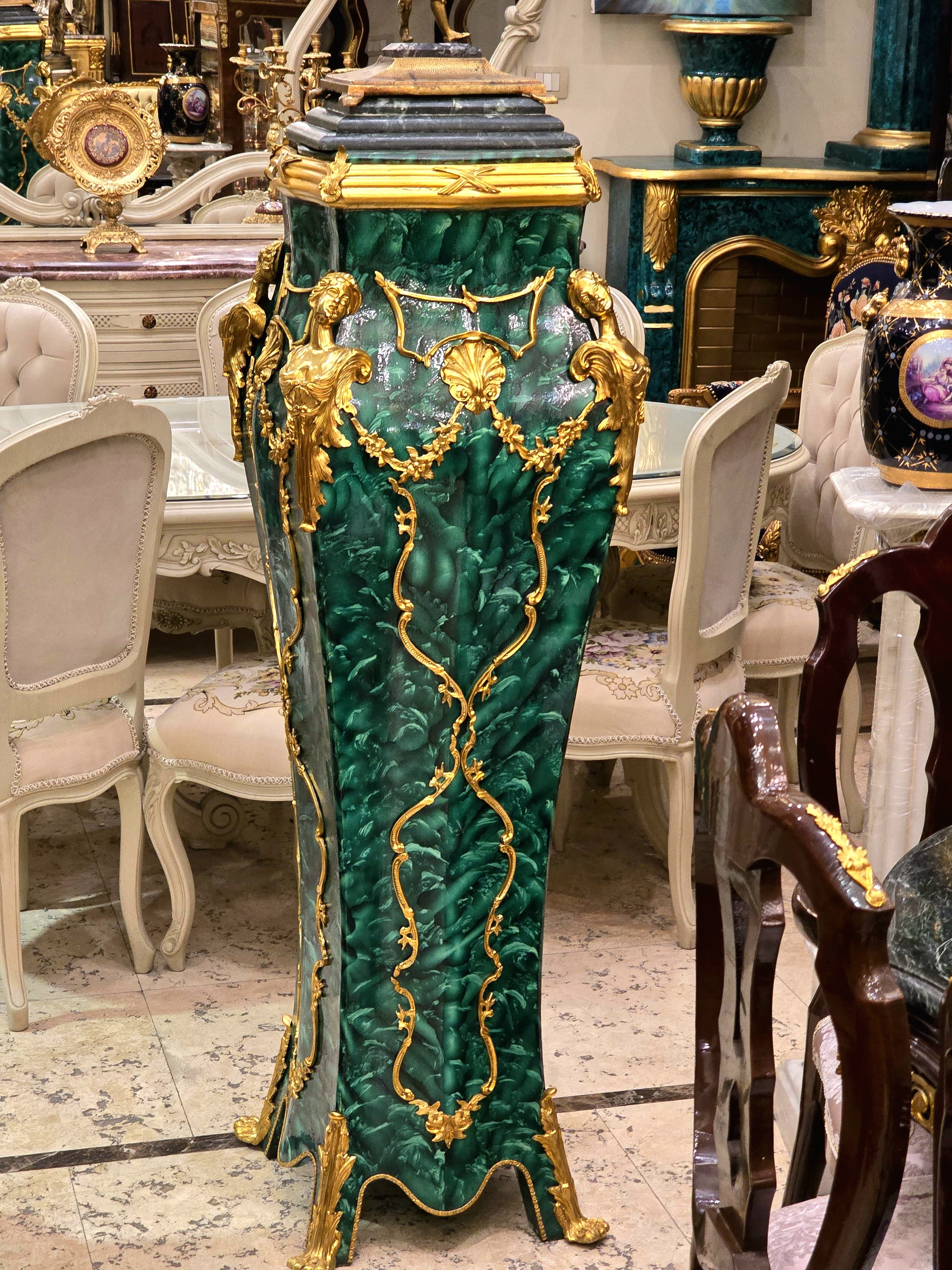 French Rococo Green Pedestal with Gold Leaf & Bronze Mounted Details
