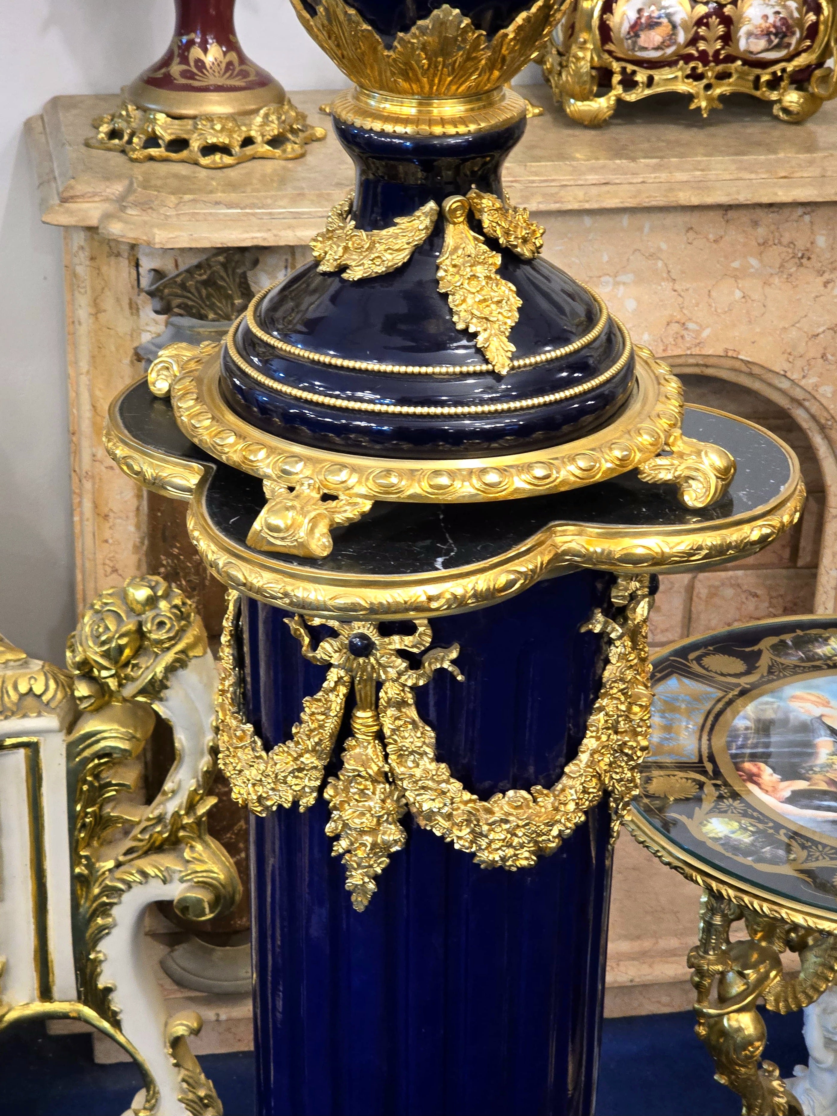 Grand Sevres-Style Midnight Blue Porcelain Vase on Pedestal with Gold Leaf & Bronze Details