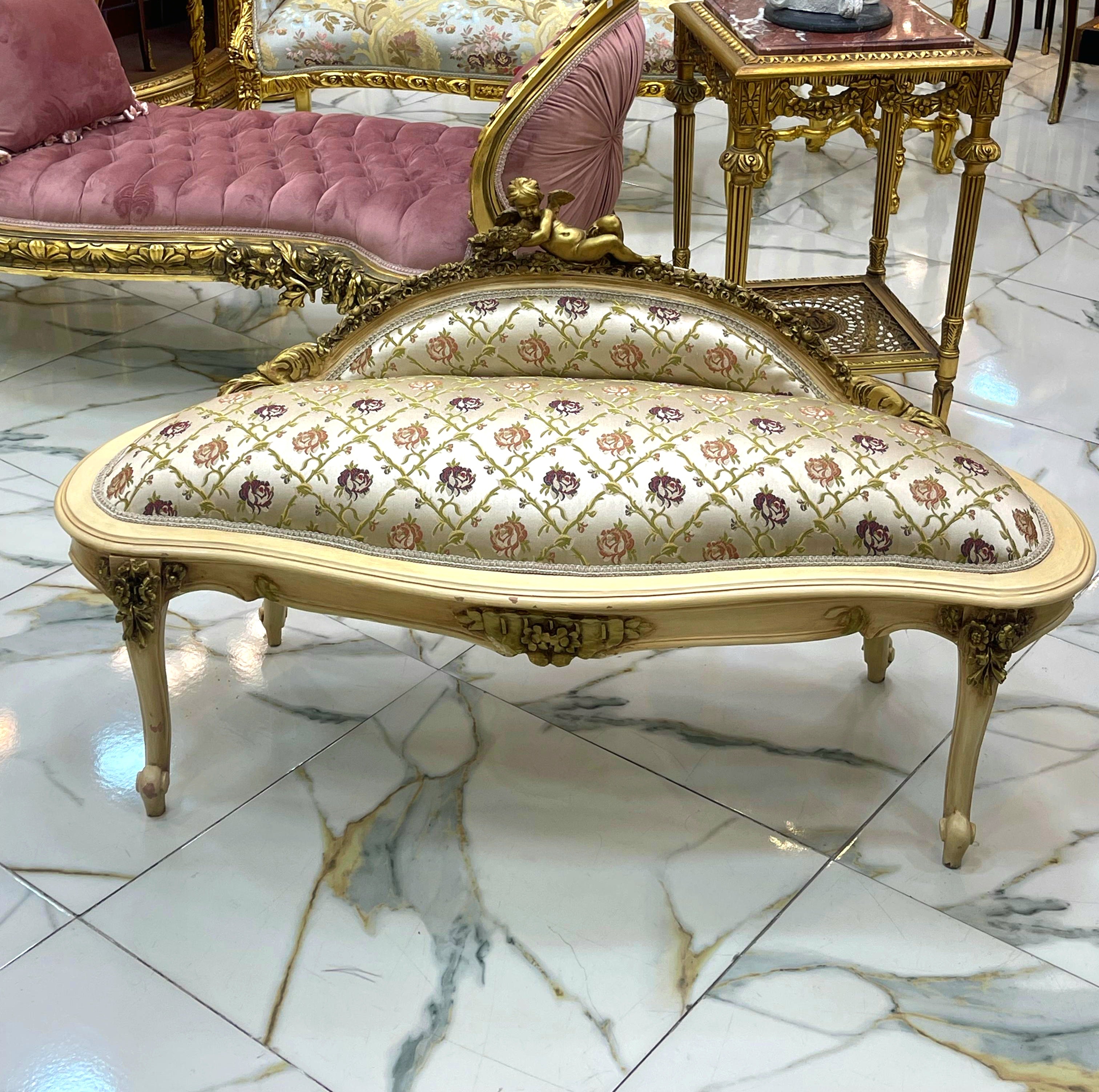 Antique French Style Beige White Settee with Gold Leaf Finish, Cherub Angel Crest and Damask Upholstery