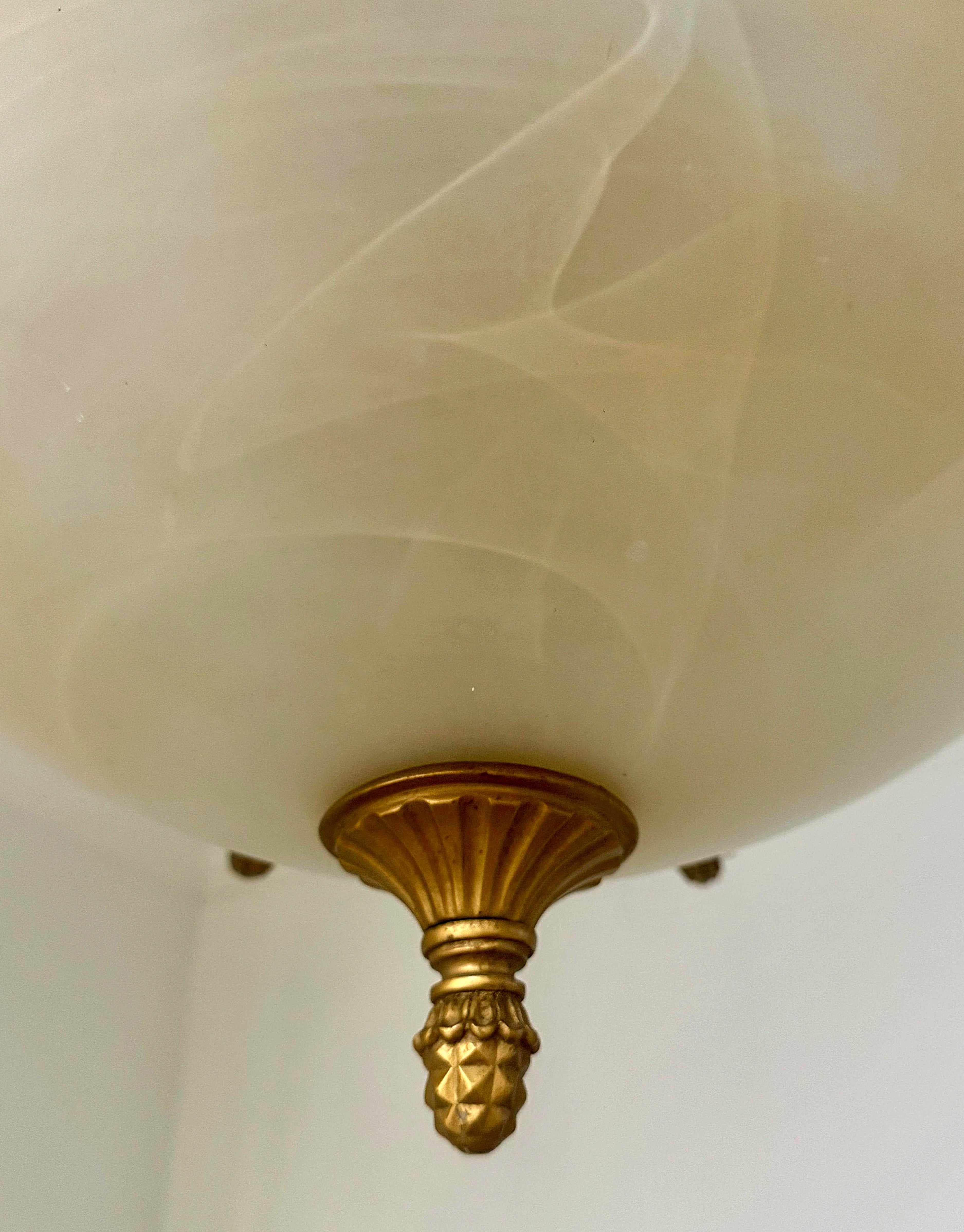French Empire Vintage 36" Neoclassical Alabaster & Heavy Gilded Brass Chandelier 11 Bulbs