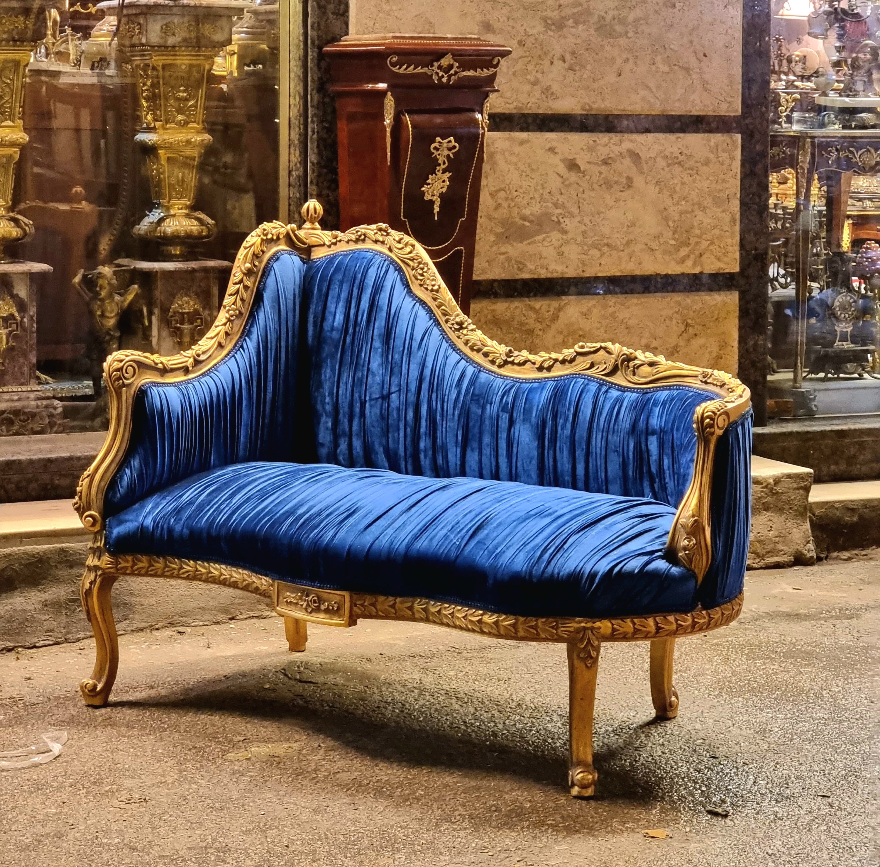 Baroque Style Blue Gold Leaf Settee Sofa – Luxury French Upholstered Seating with Sculpted Back