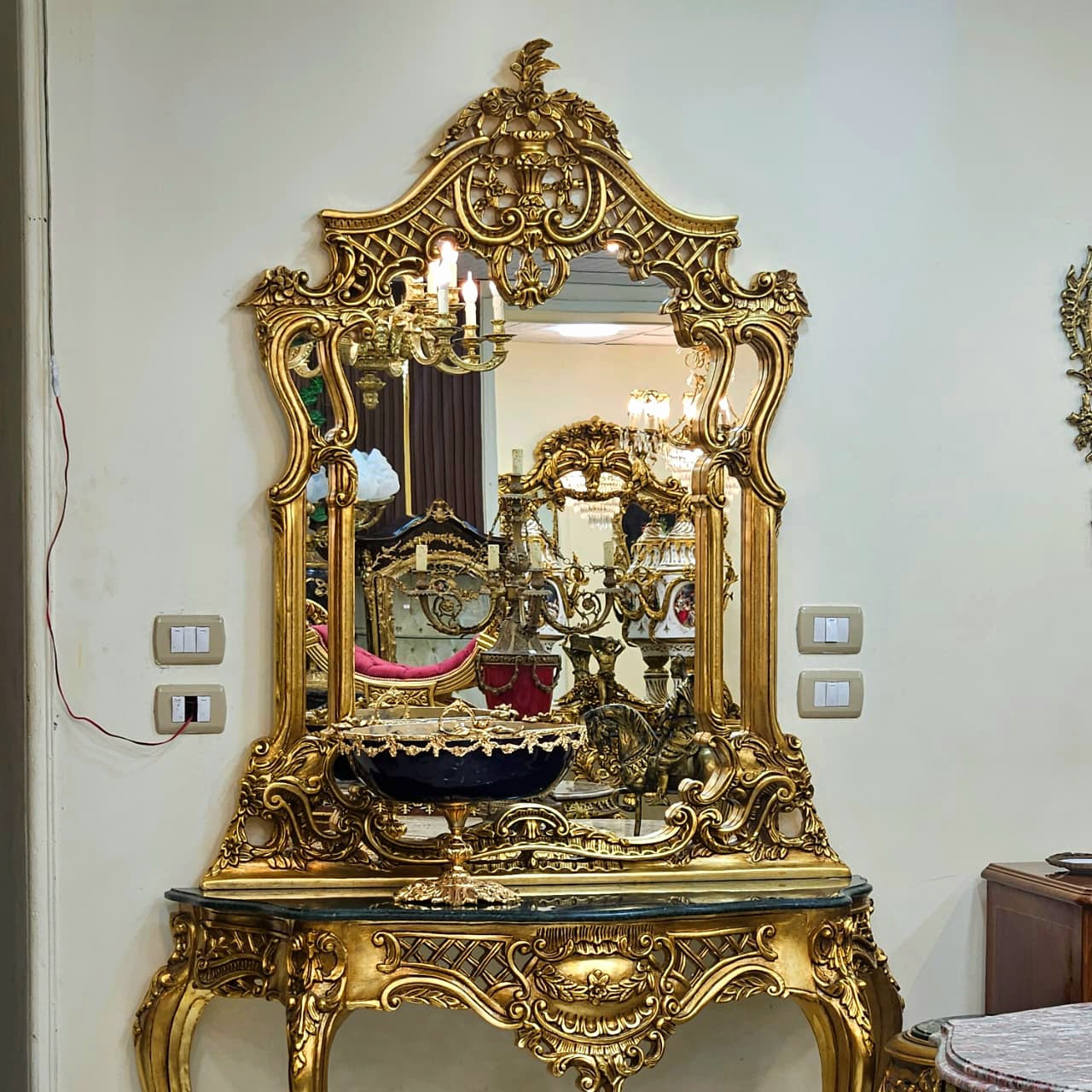 Rococo Gold Leaf Console Table with Black Marble Top & Ornate Mirror Set