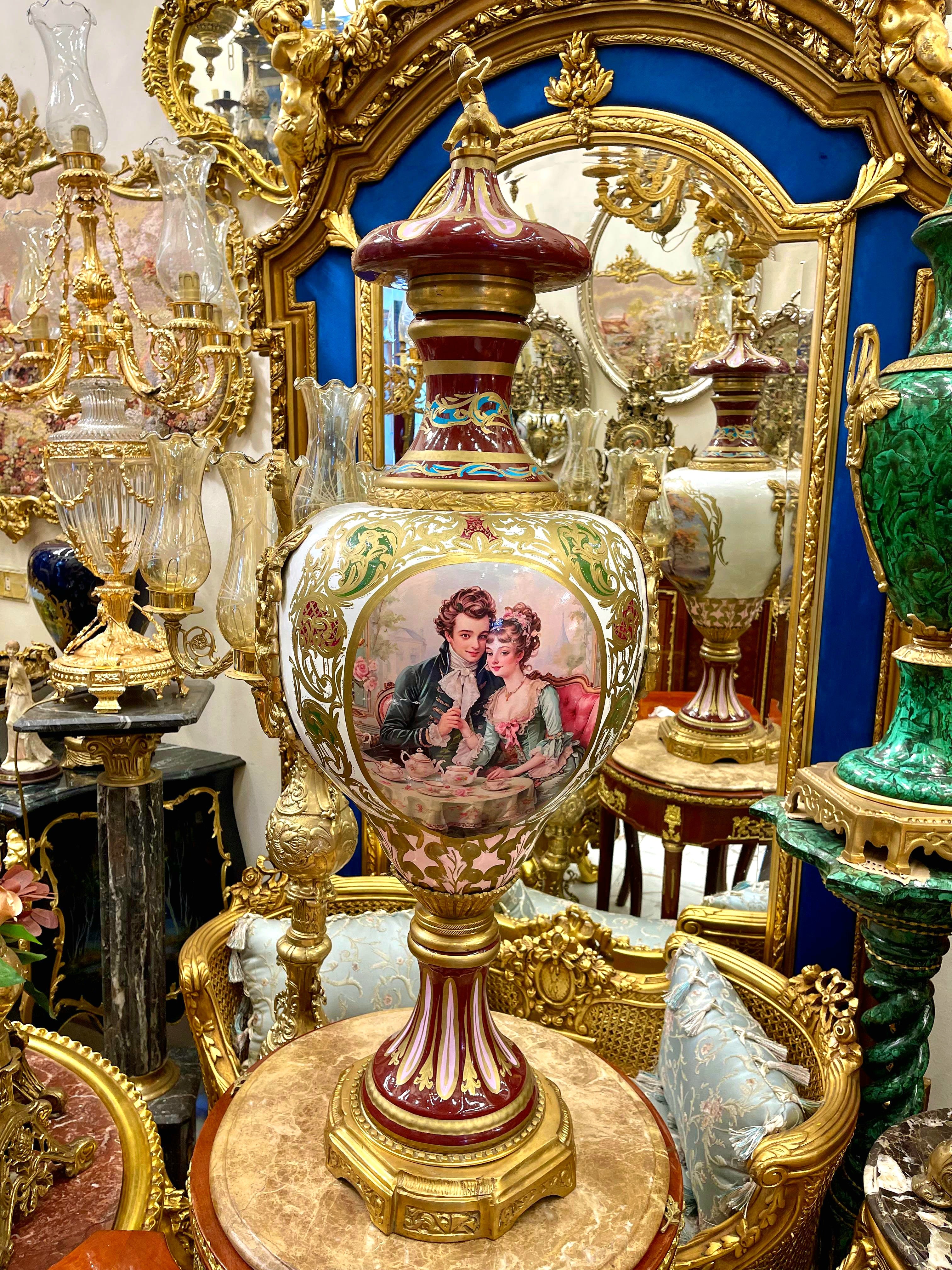 French Porcelain Vase with Romantic Couple Scene & Cherub Finial – Gilt Bronze Mounted Vase