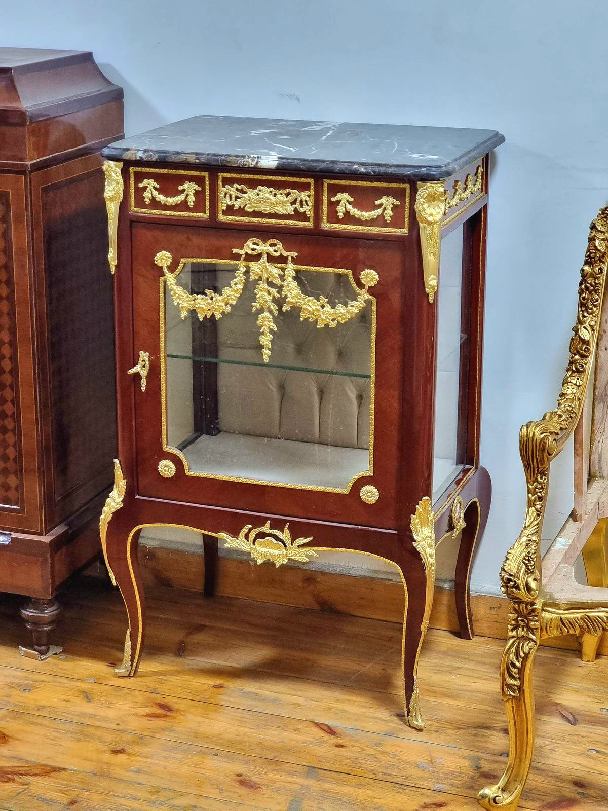 Louis XV Style Marquetry Bedside Cabinet with Glass Door, Marble Top & Gold Accents