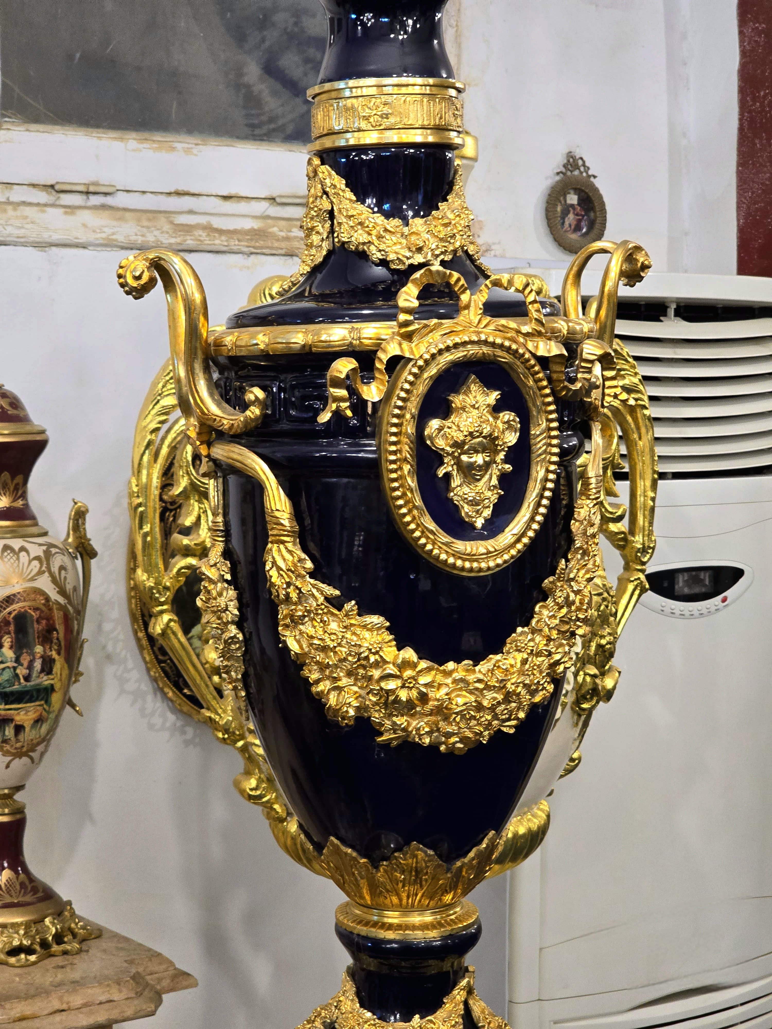 Grand Sevres-Style Midnight Blue Porcelain Vase on Pedestal with Gold Leaf & Bronze Details