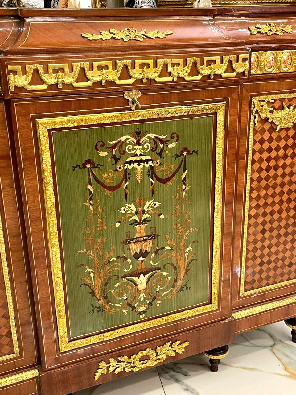 Antique French Louis XVI Brown Commode – Marble Top, Marquetry & Gold Leaf Cabinet