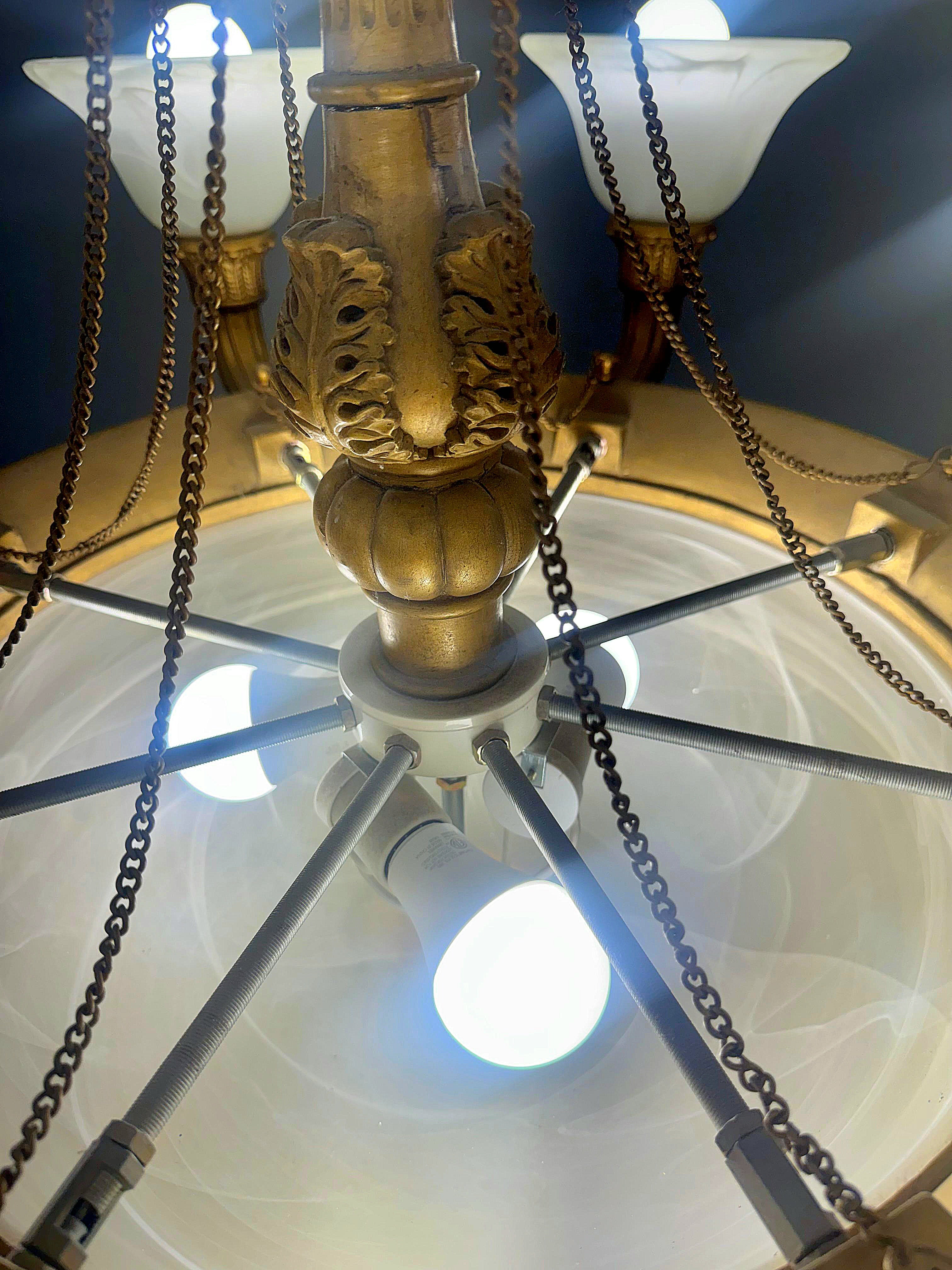 French Empire Vintage 36" Neoclassical Alabaster & Heavy Gilded Brass Chandelier 11 Bulbs