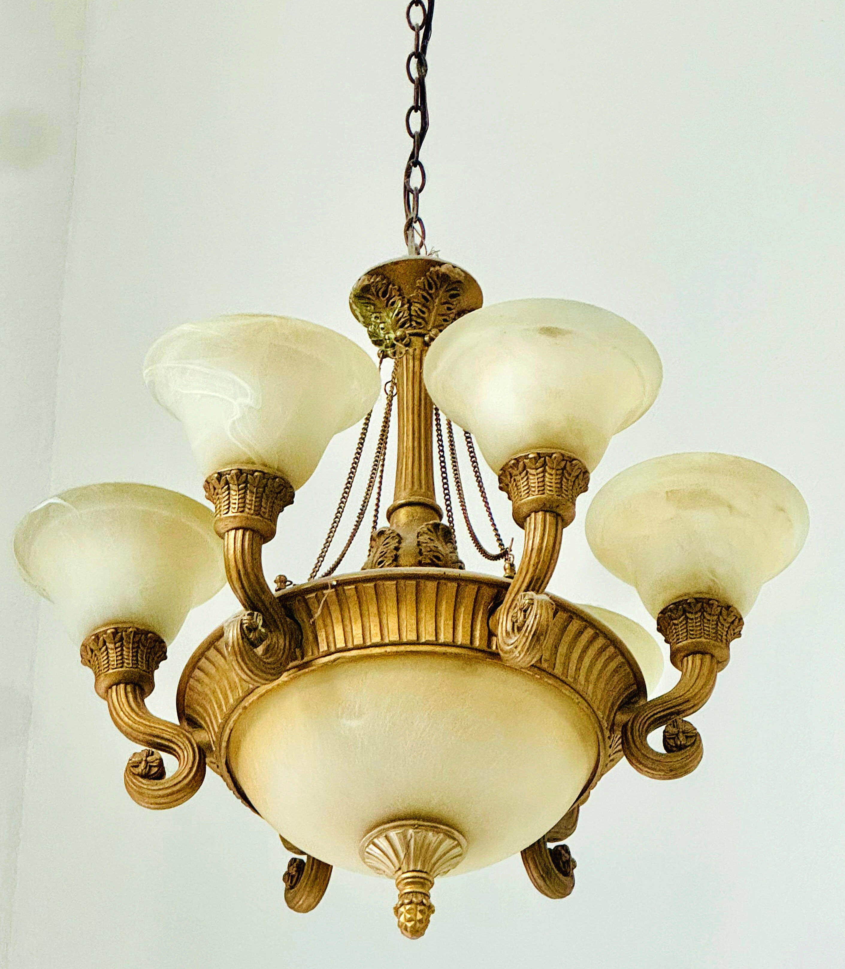 French Empire Vintage 26"H Set of 2 (ceiling to bottom 32”) Neoclassical Alabaster & Heavy Gilded Brass Chandelier 9 Bulbs