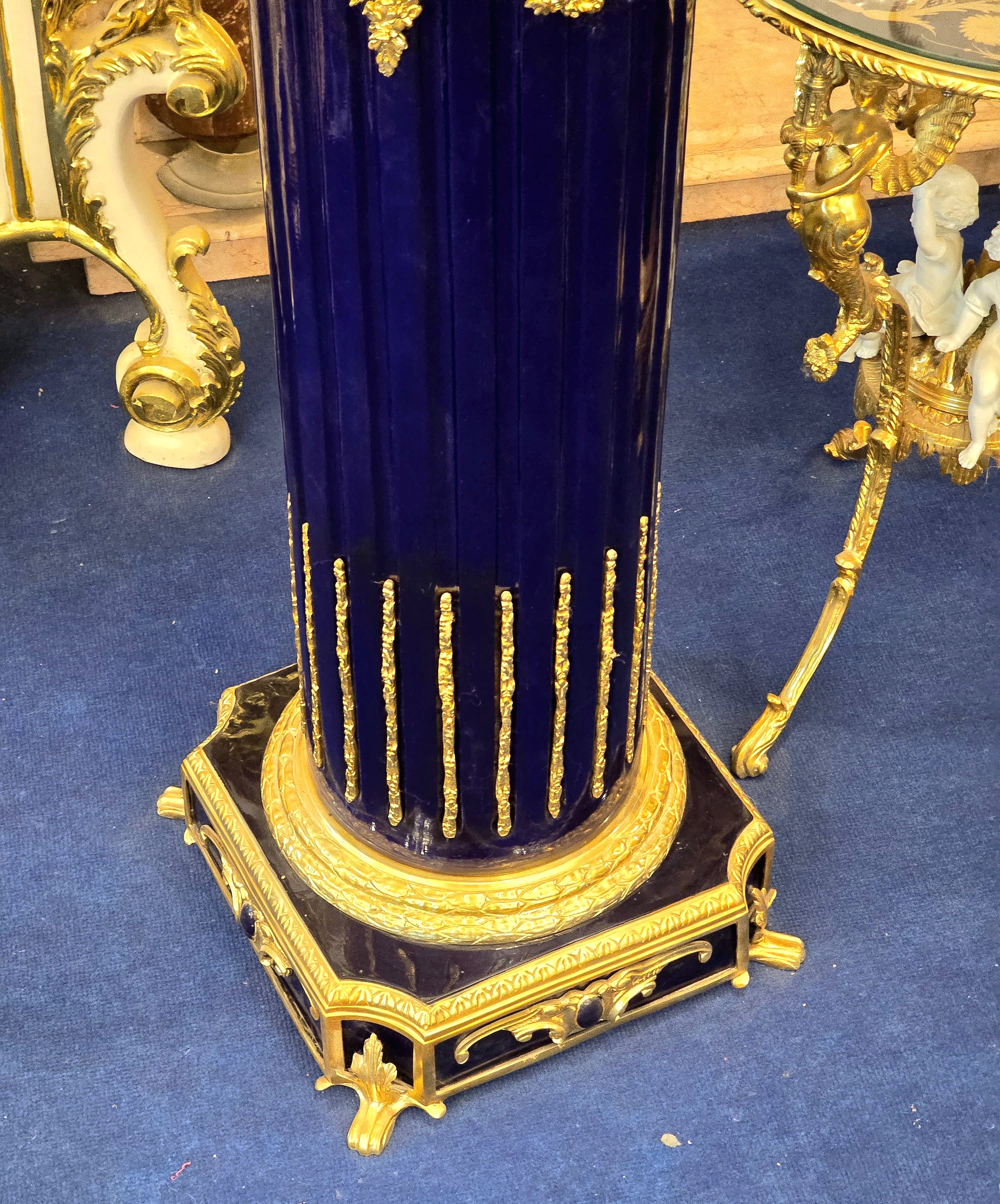 Grand Sevres-Style Midnight Blue Porcelain Vase on Pedestal with Gold Leaf & Bronze Details