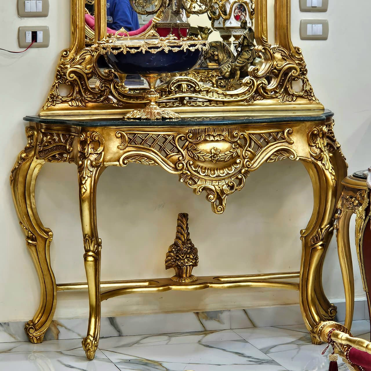 Rococo Gold Leaf Console Table with Black Marble Top & Ornate Mirror Set