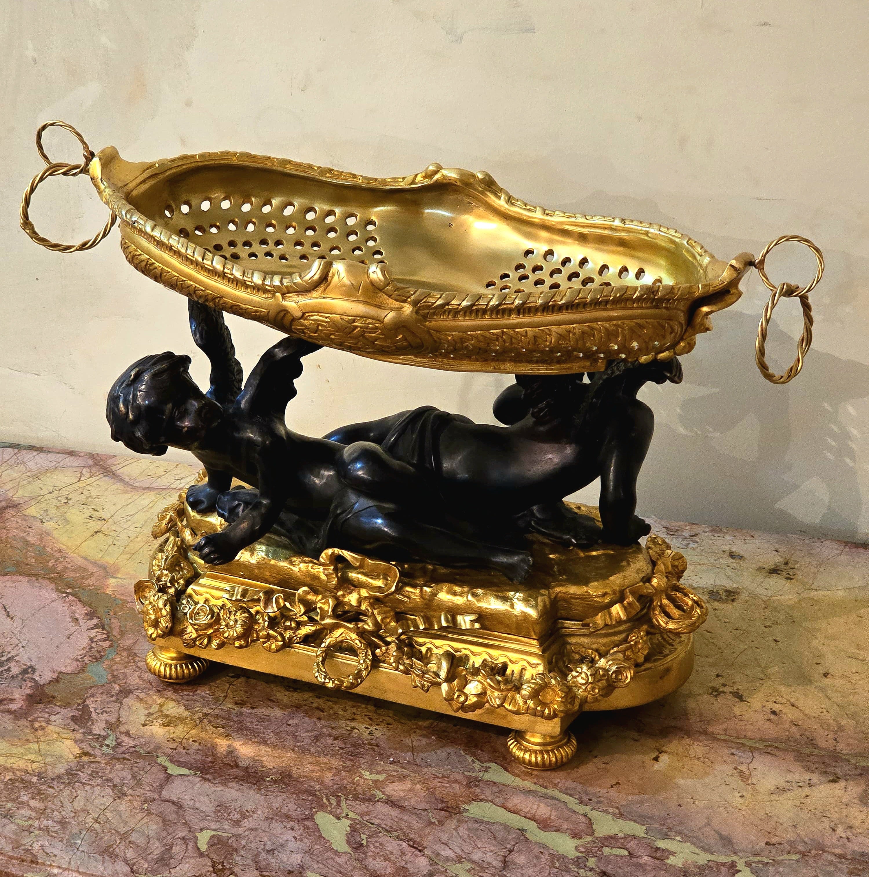 French Rococo Bronze Centerpiece Bowl with Cherub Figures & Gold Leaf Details
