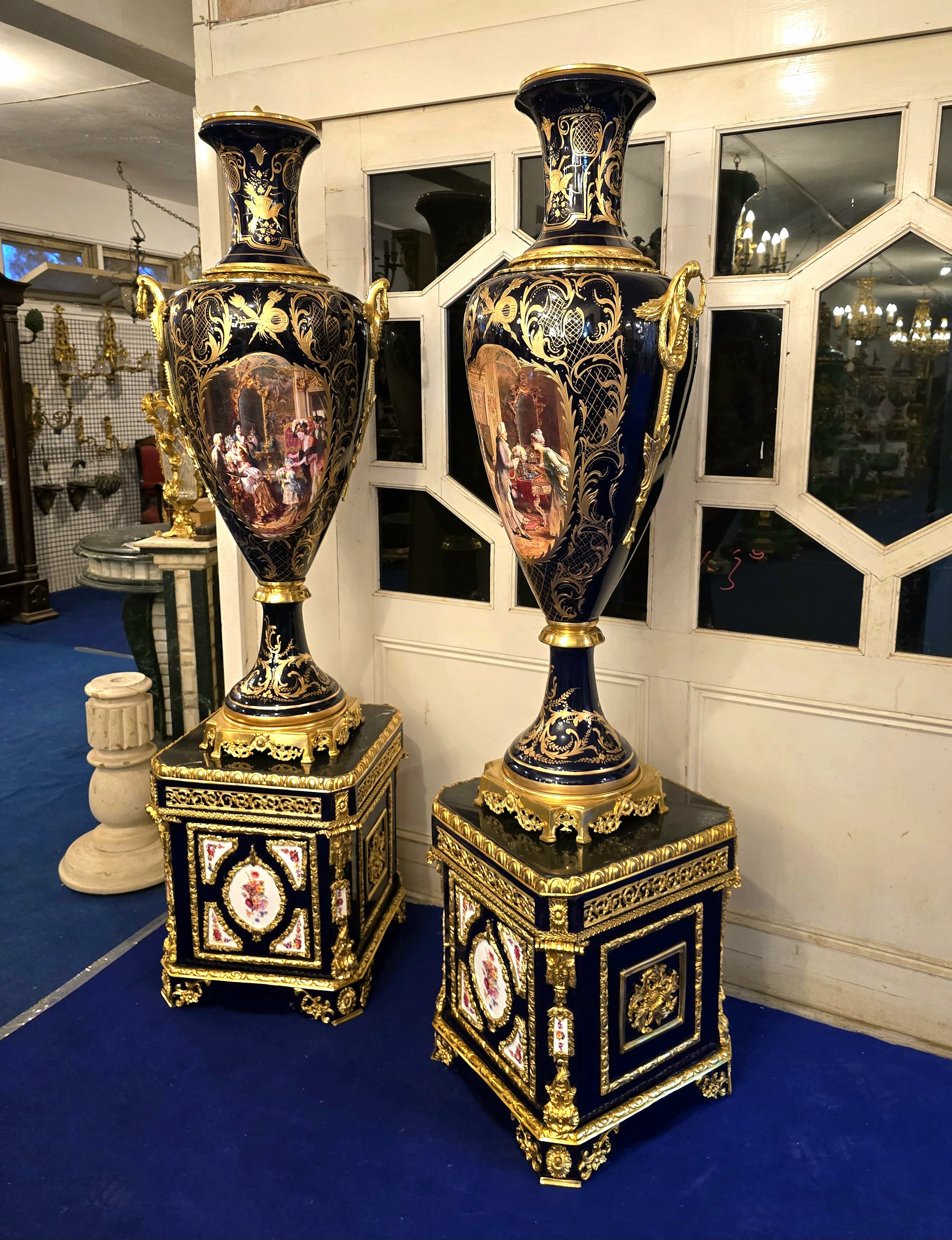 Monumental Sevres-Style Midnight Blue Porcelain Vase on Pedestal with Gold Leaf Details & French Court Scenes