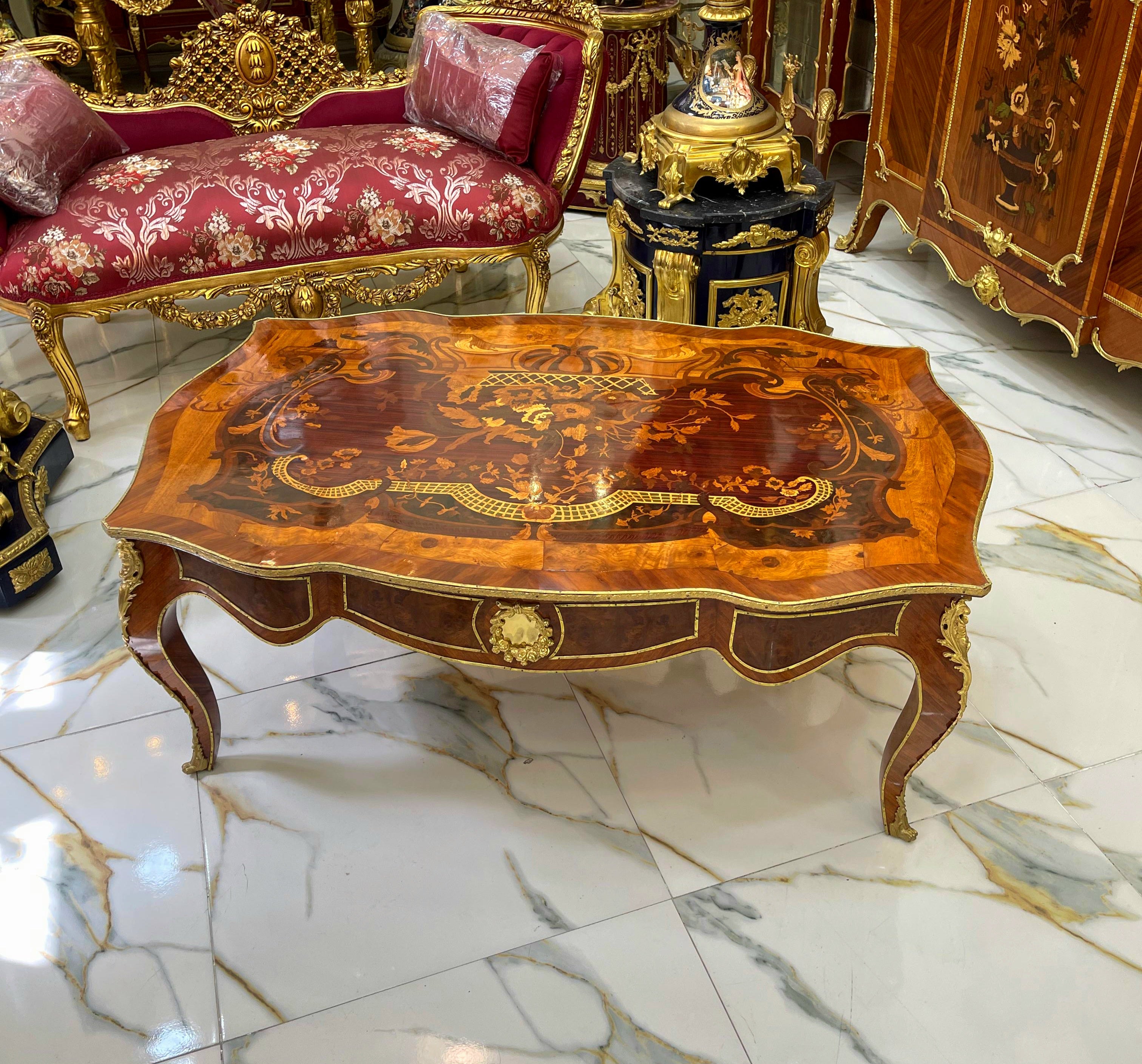 French Style Wooden Coffee Table – Copper Finish with Bronze Accents