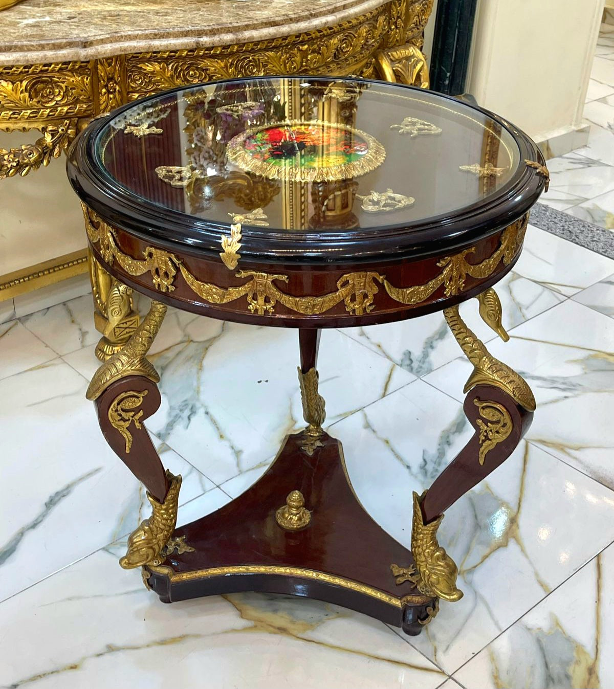 French Style Wood Side Table with Glass Top, Gold Leaf Details & Decorative Artwork