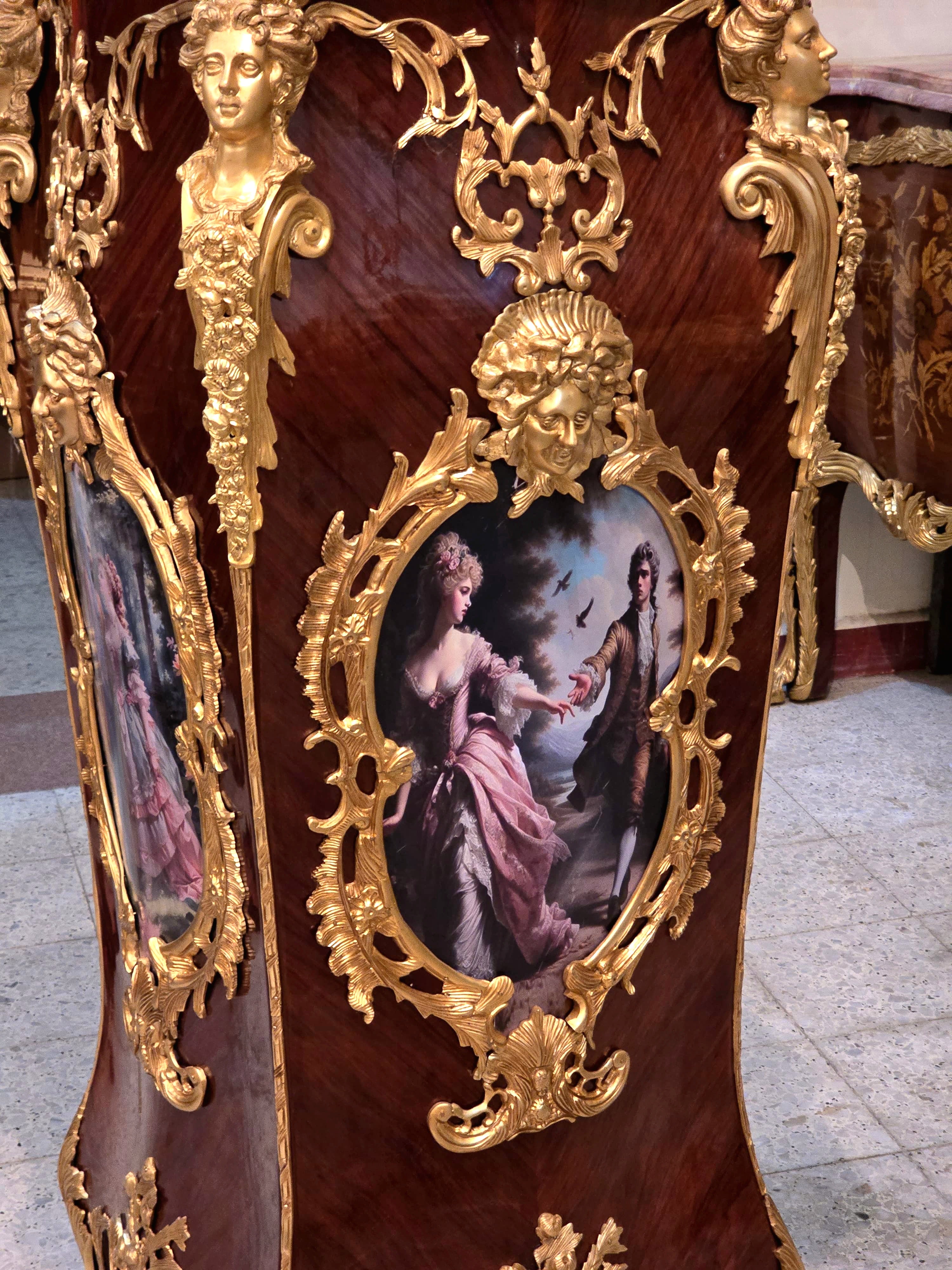 French Rococo Pedestal with Romantic Artwork, Bronze Mounts & Gold Leaf Details