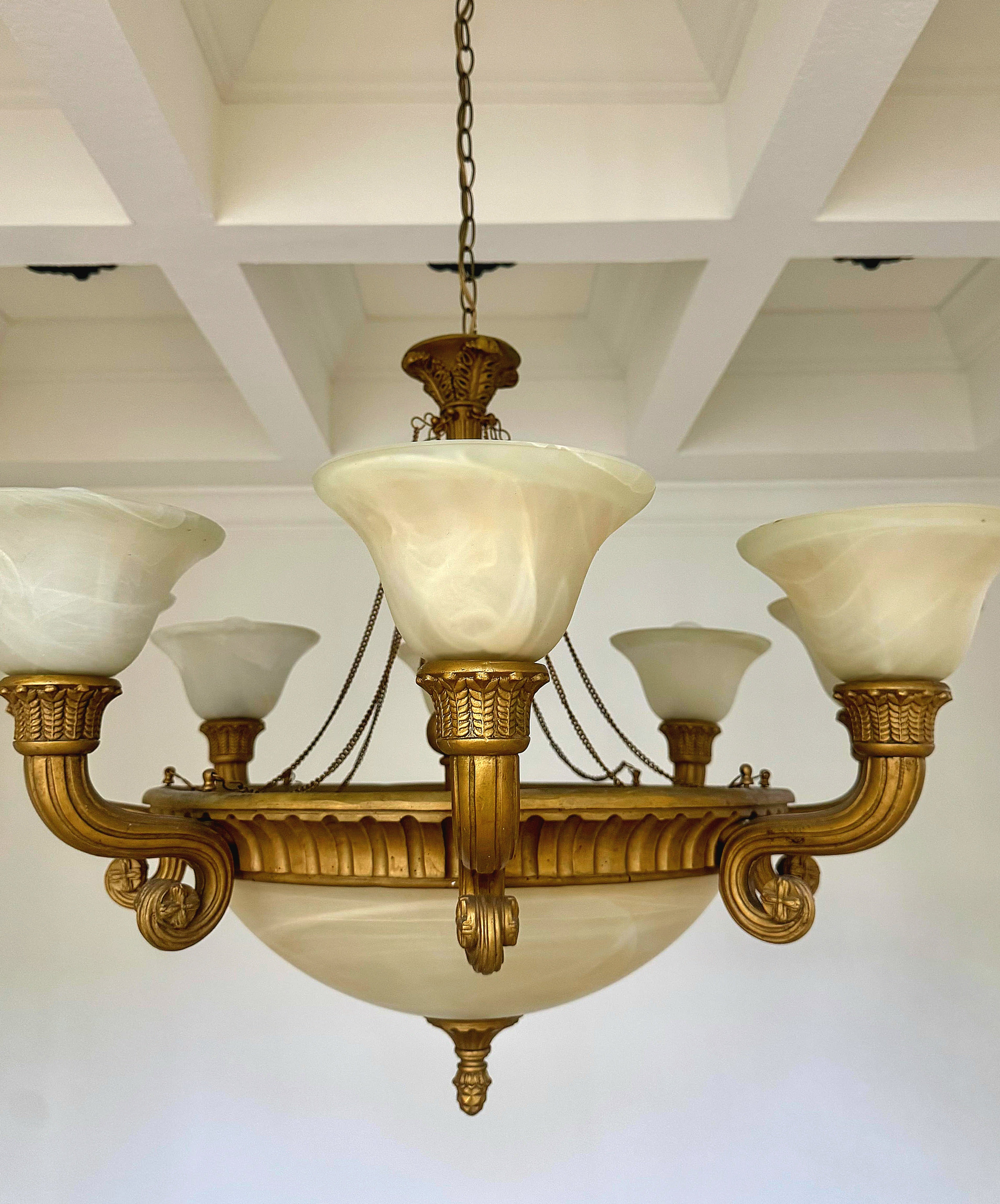 French Empire Vintage 36" Neoclassical Alabaster & Heavy Gilded Brass Chandelier 11 Bulbs