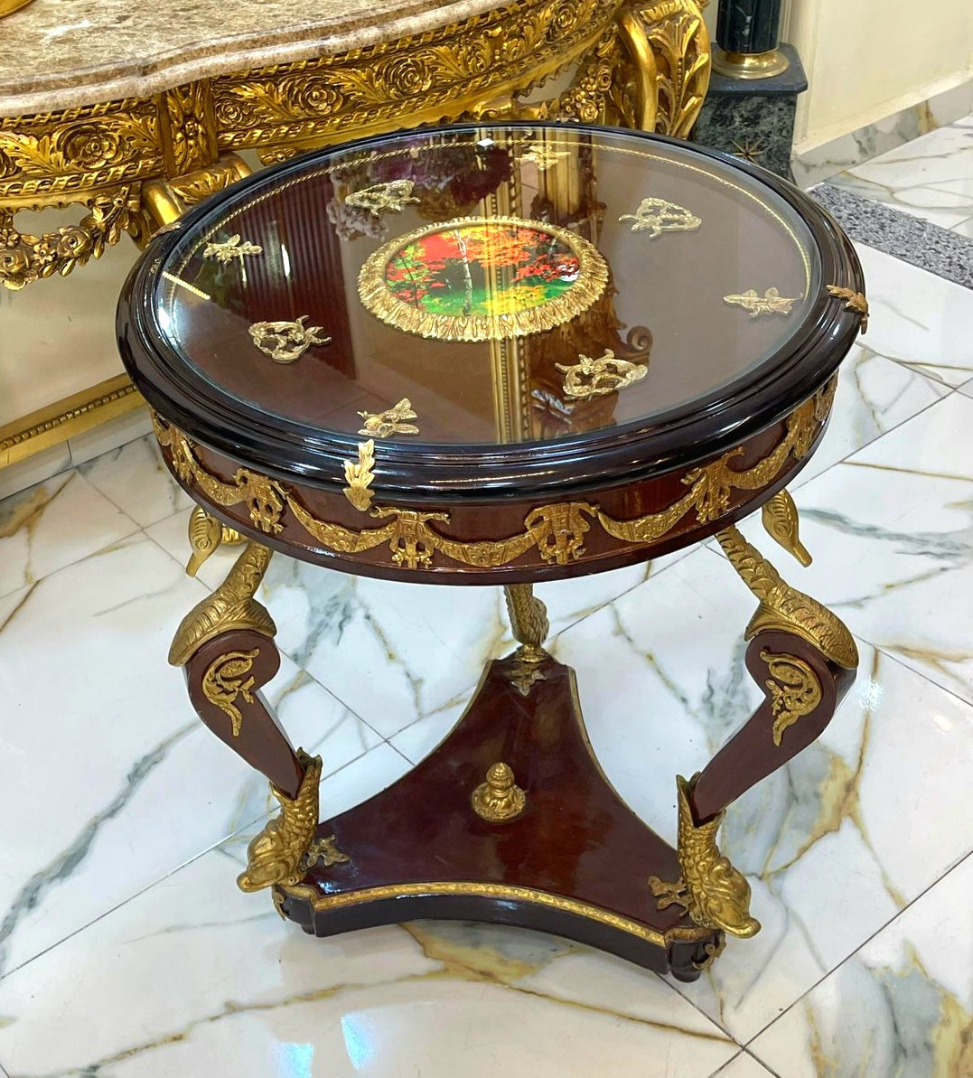 French Style Wood Side Table with Glass Top, Gold Leaf Details & Decorative Artwork