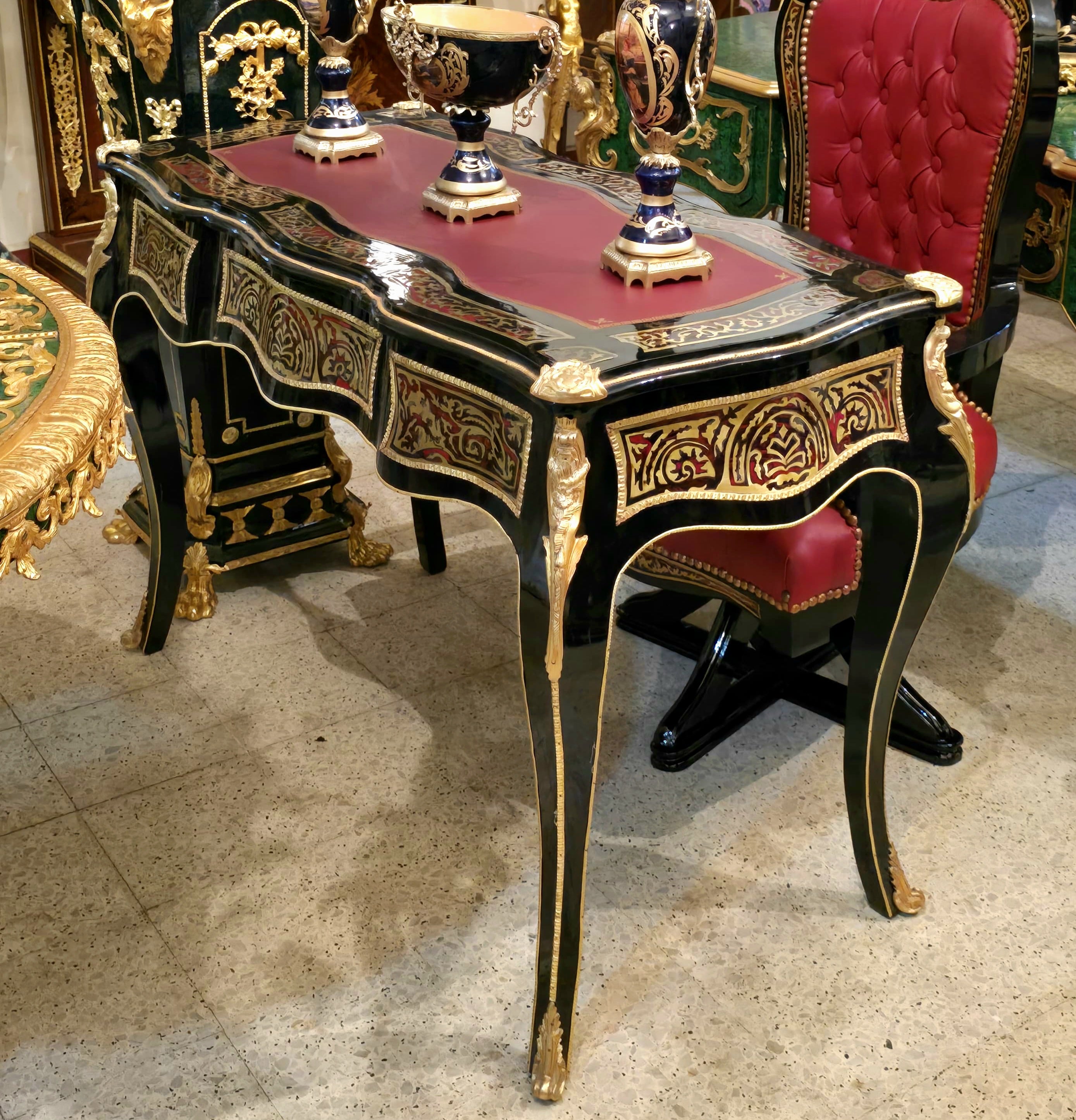 Luxury French Rococo Writing Desk with Gold Leaf Accents & Elegant Black Finish
