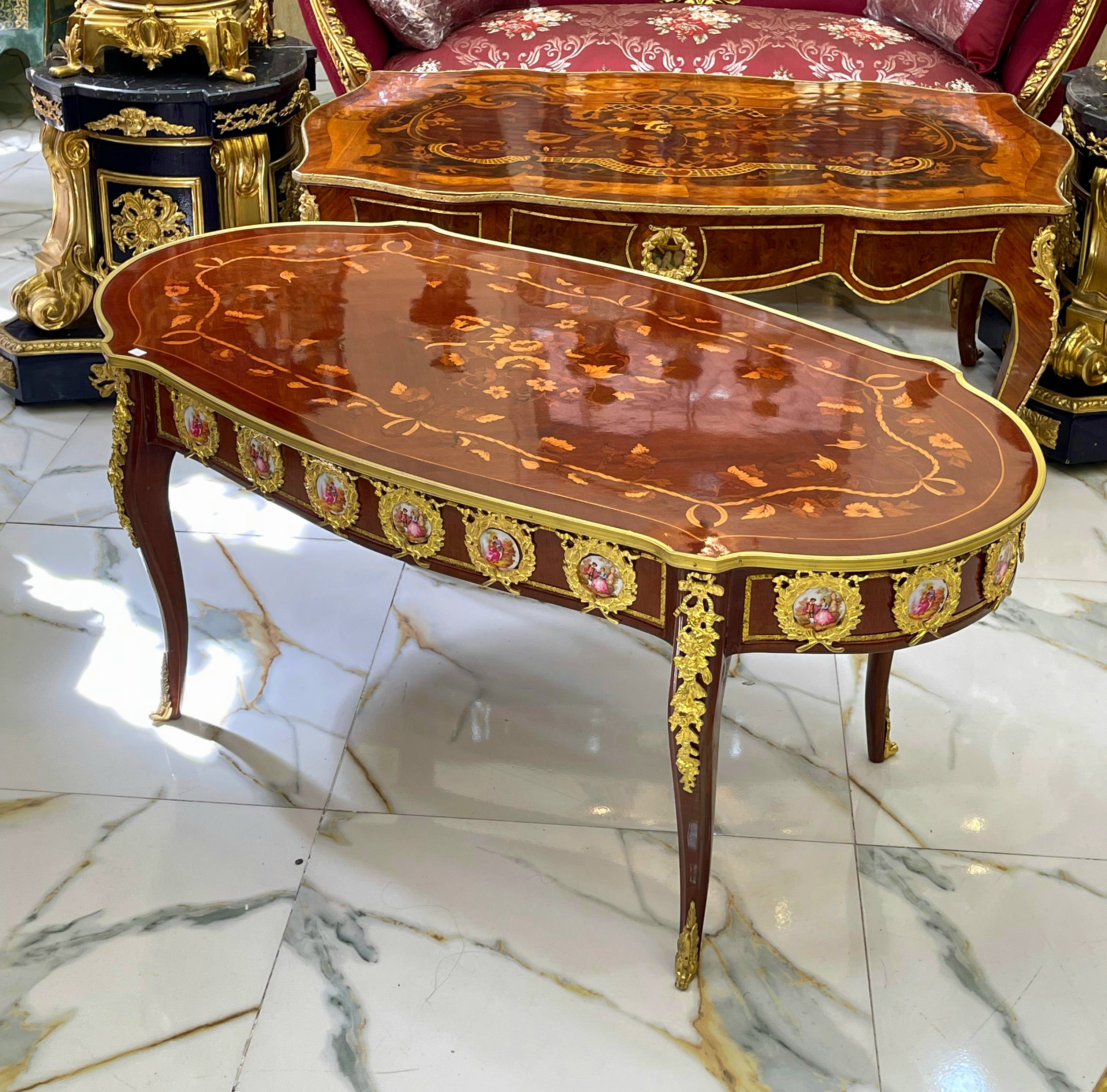 Luxury French Style Coffee Table – Wood Construction with Bronze Accents