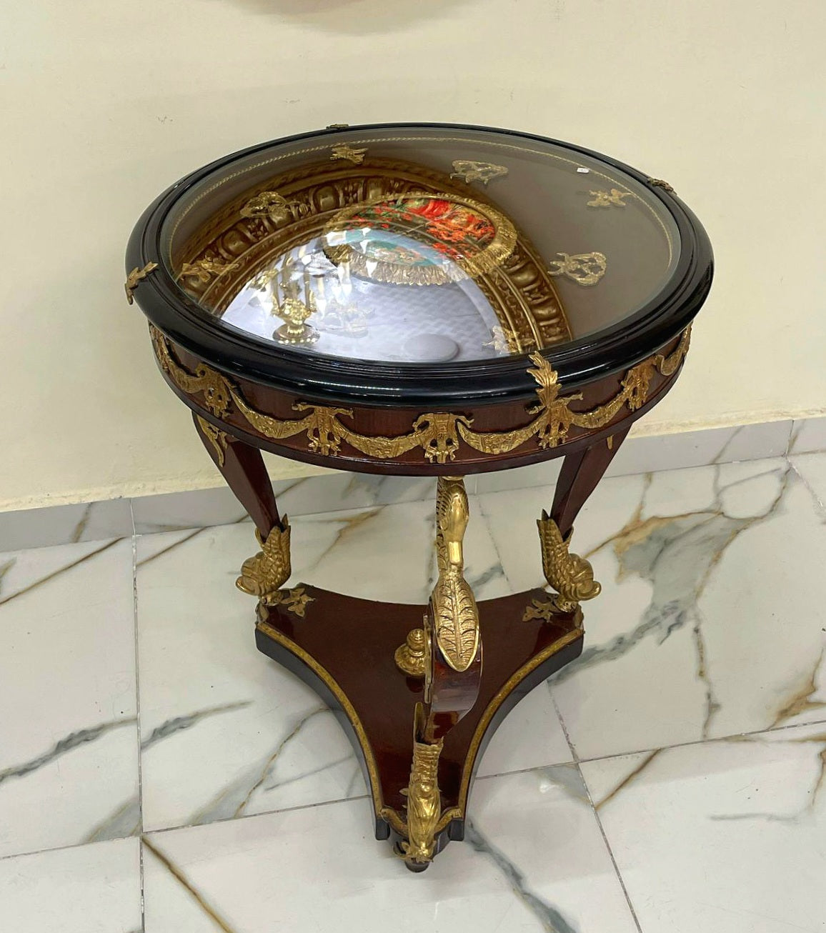 French Style Wood Side Table with Glass Top, Gold Leaf Details & Decorative Artwork