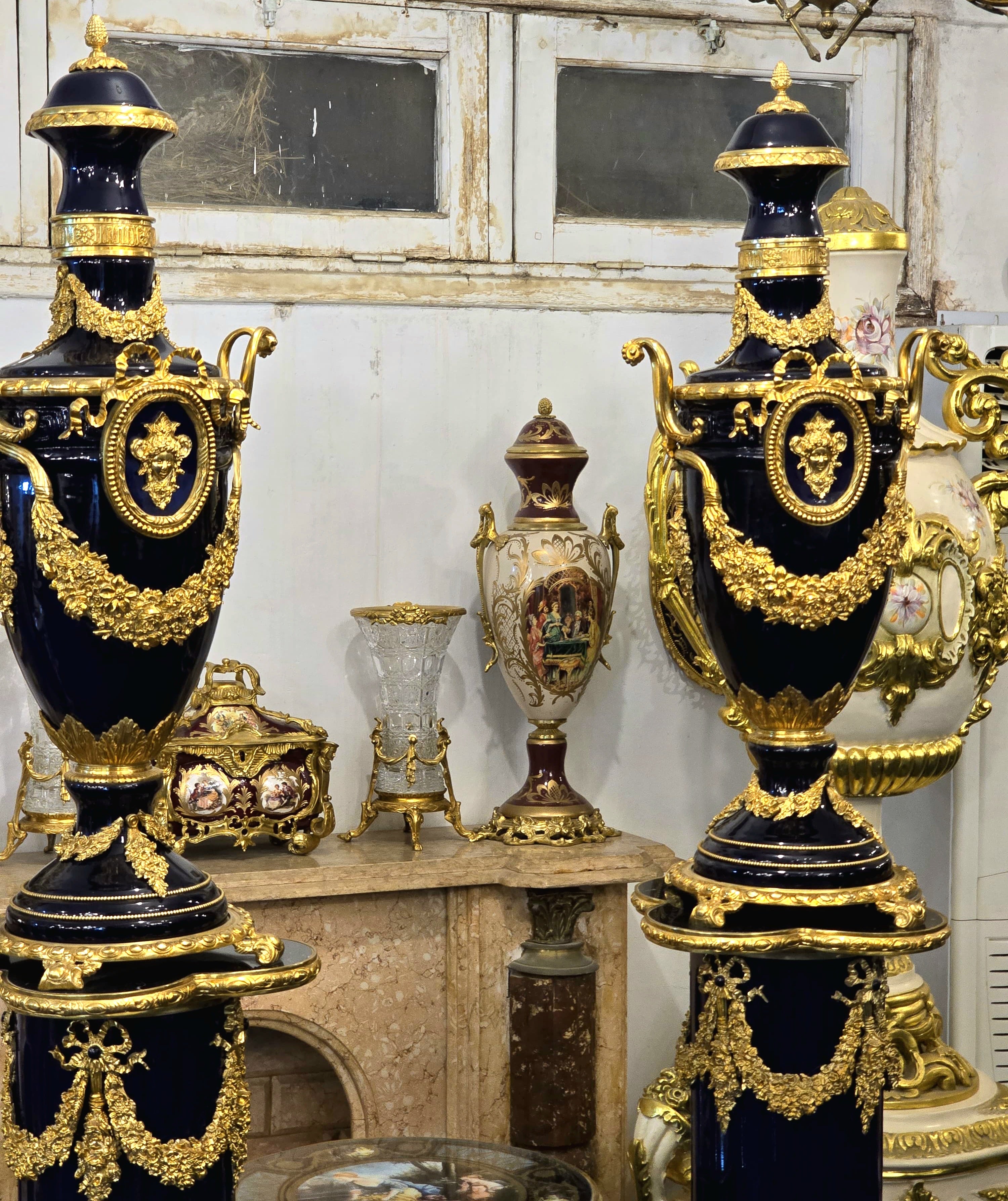 Grand Sevres-Style Midnight Blue Porcelain Vase on Pedestal with Gold Leaf & Bronze Details