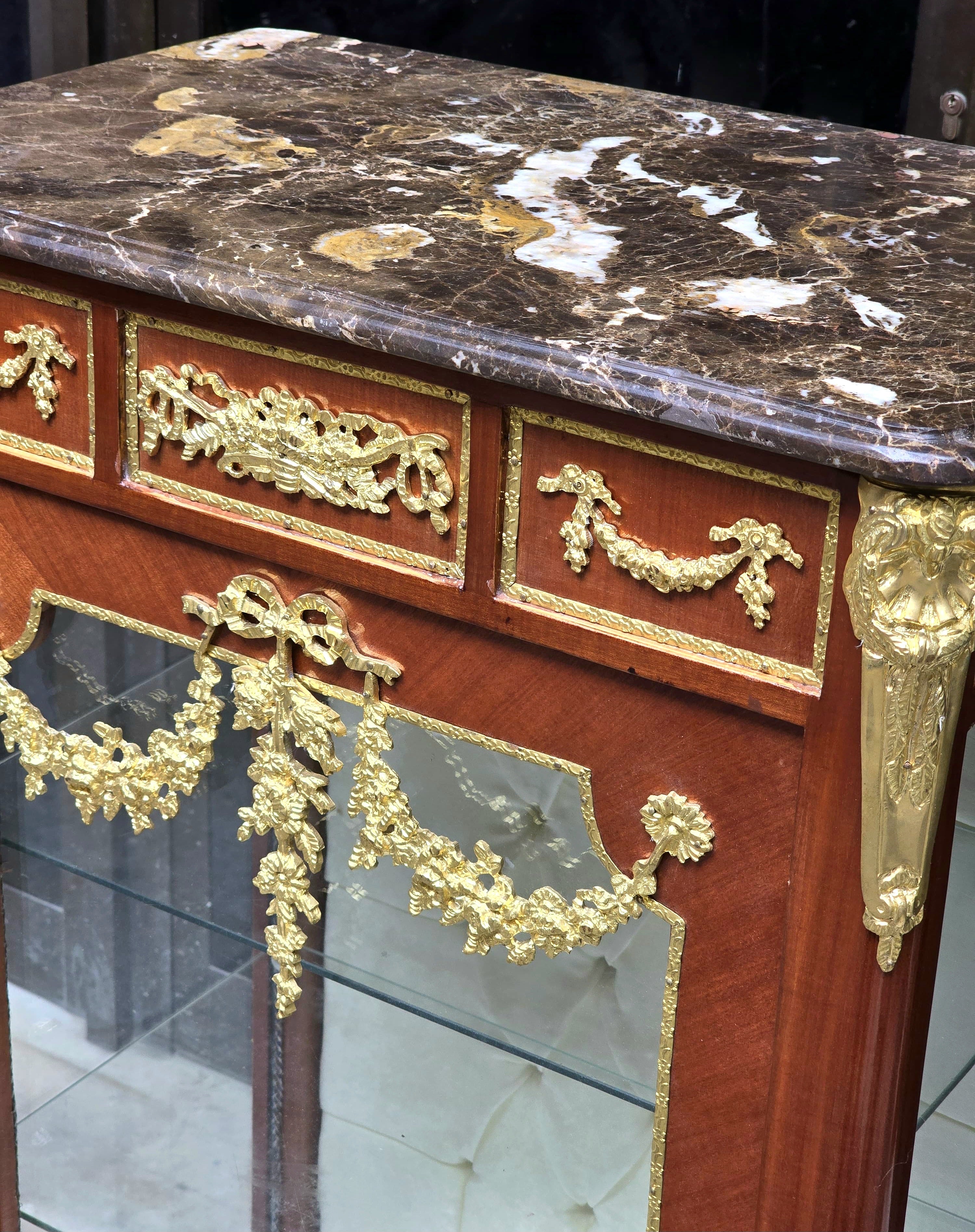 Louis XV Marquetry Bedside Cabinet with Glass Door, Marble Top & Gold Accents
