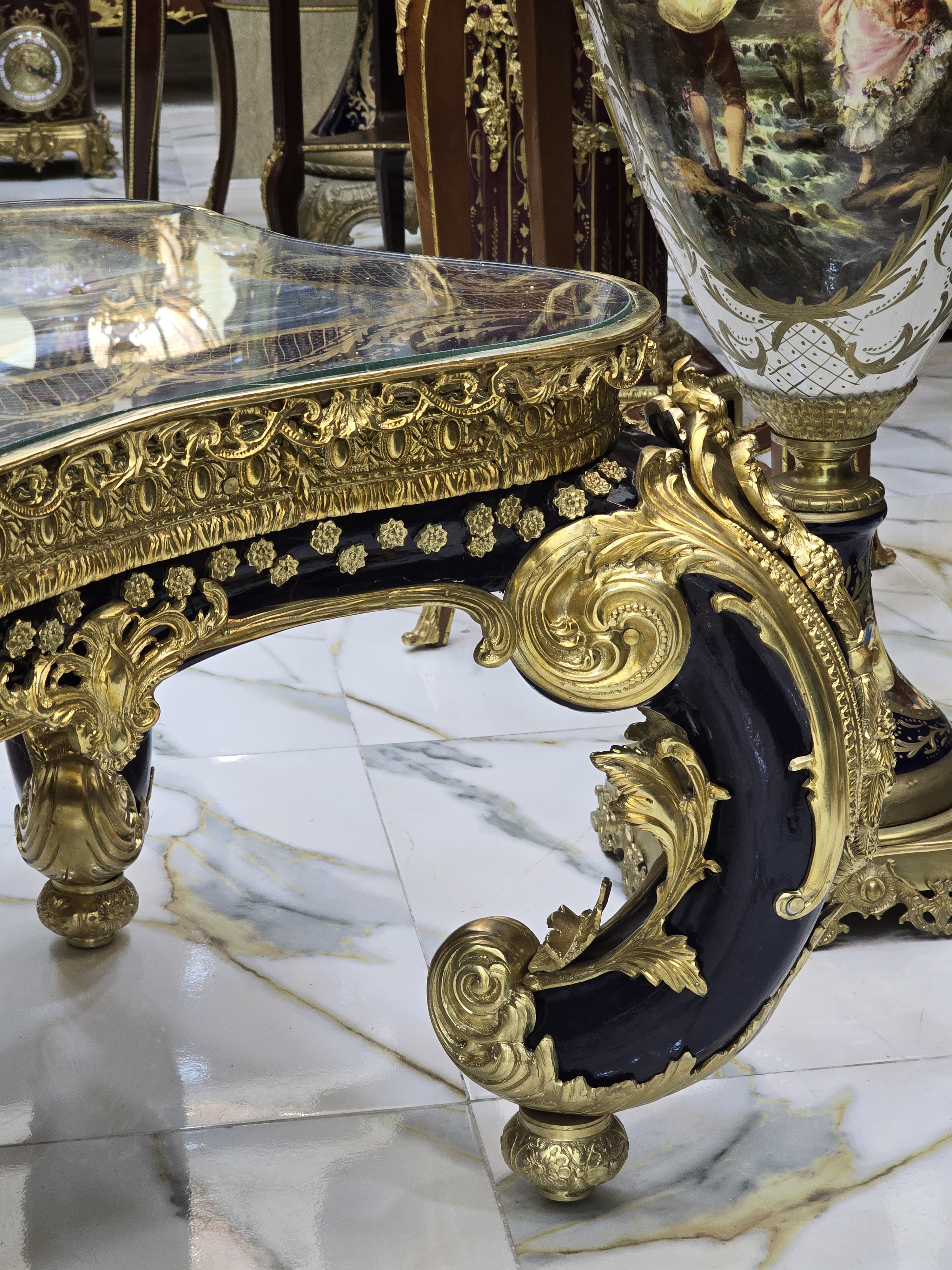 Monumental French Rococo Coffee Table with Hand-Painted Artwork Under Glass & Gilded Bronze Details