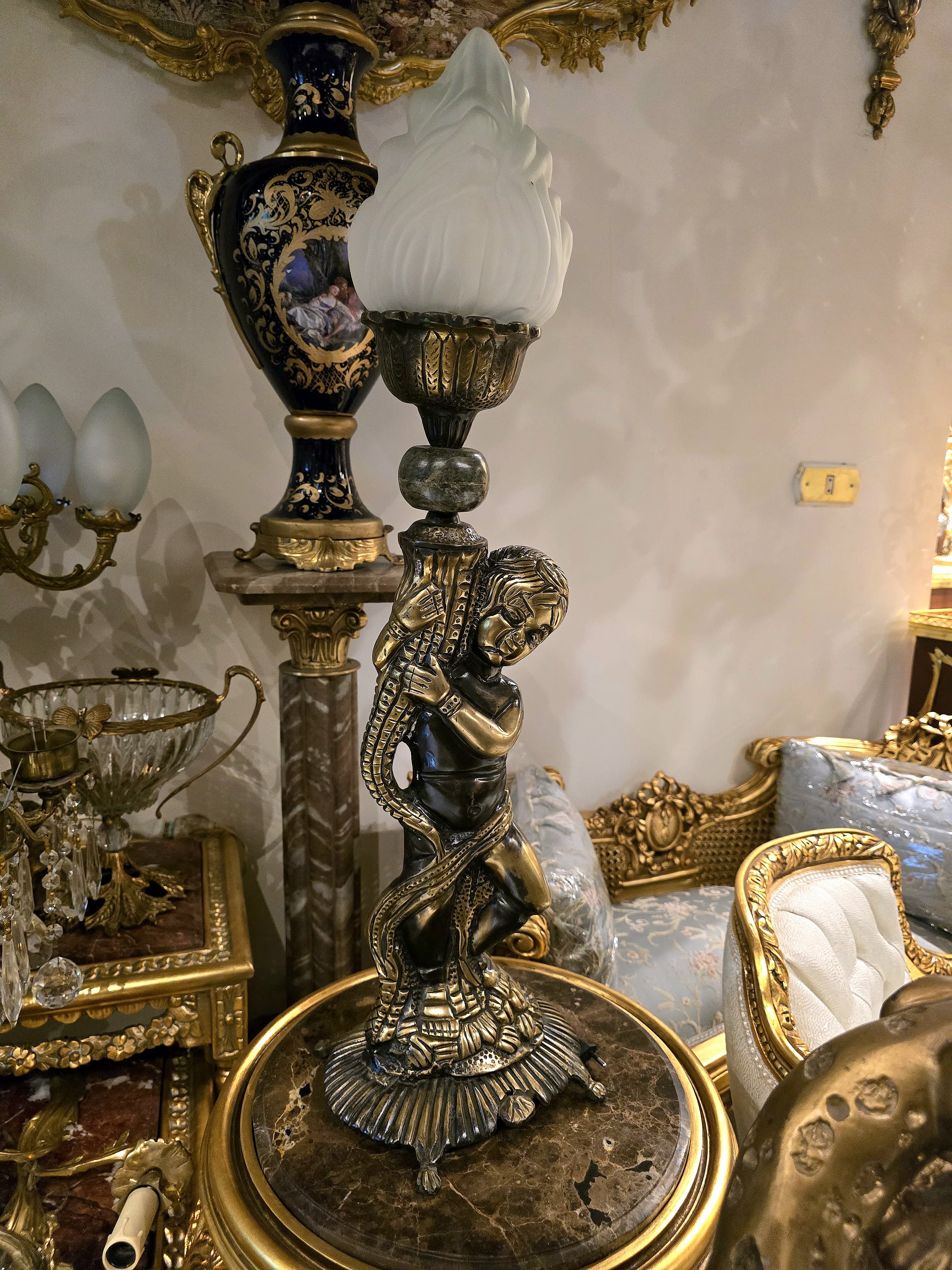 Baroque Style Cherub Table Lamp with Frosted Glass Flame Shade & Gilt Bronze Finish