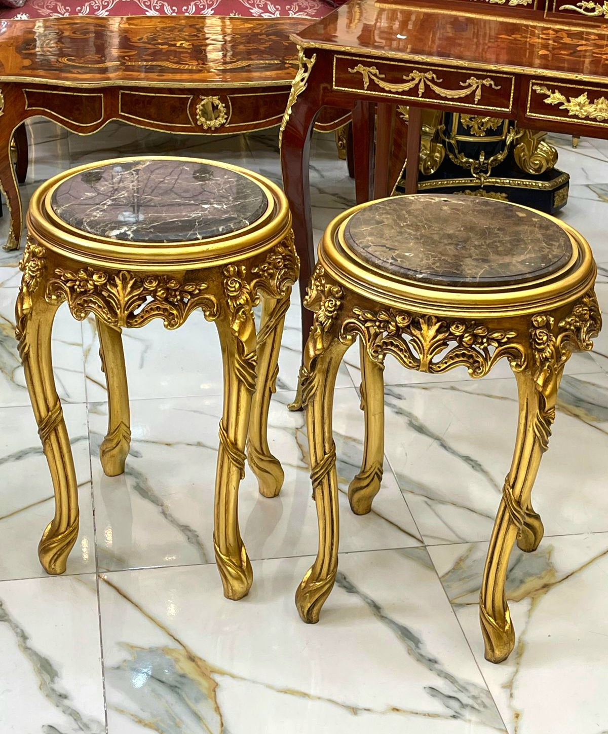 Italian Style Side Table with Dark Brown Marble Top & Gold Accents